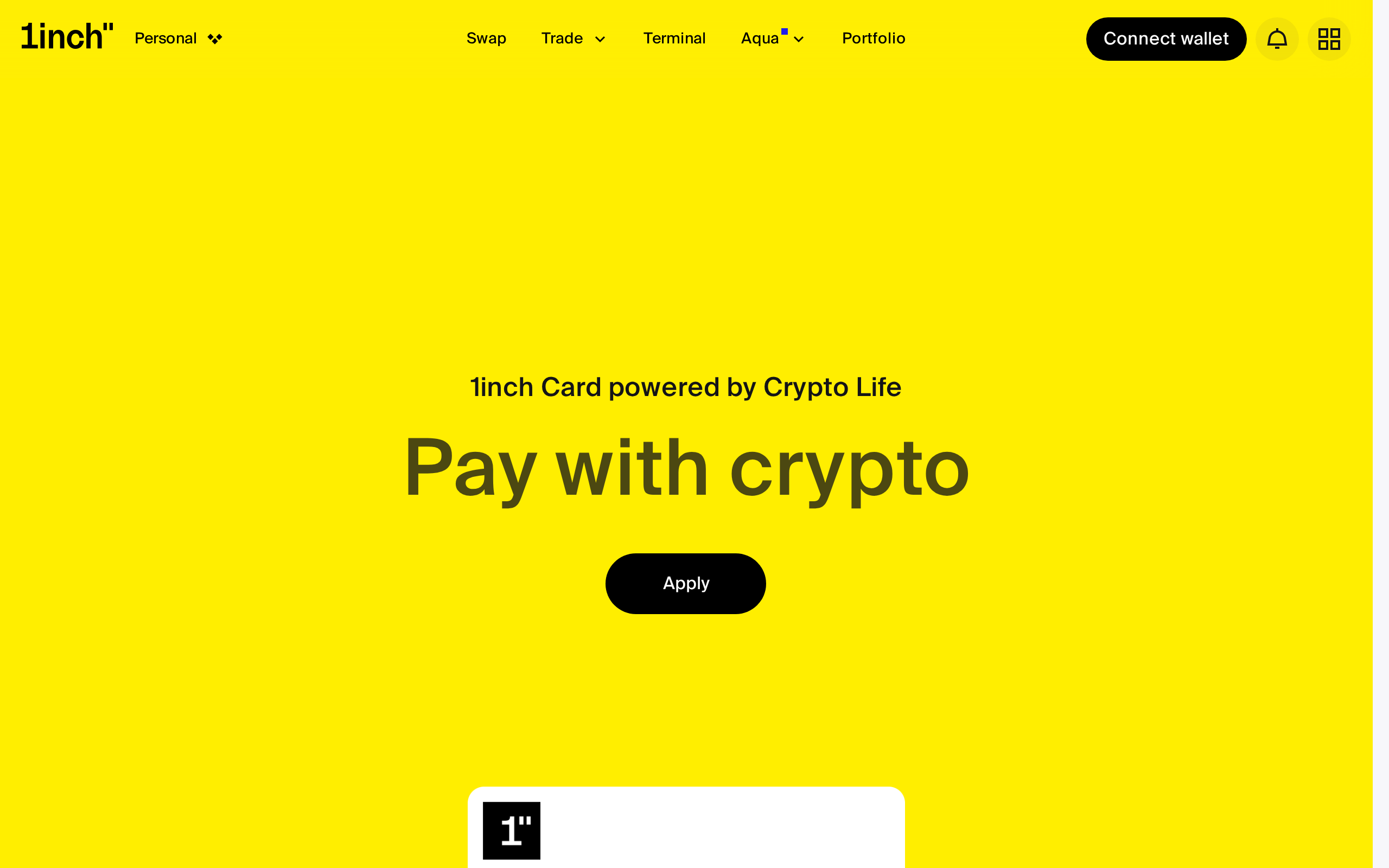 1inch Card page headed 1inch Card powered by Crypto Life with a card image