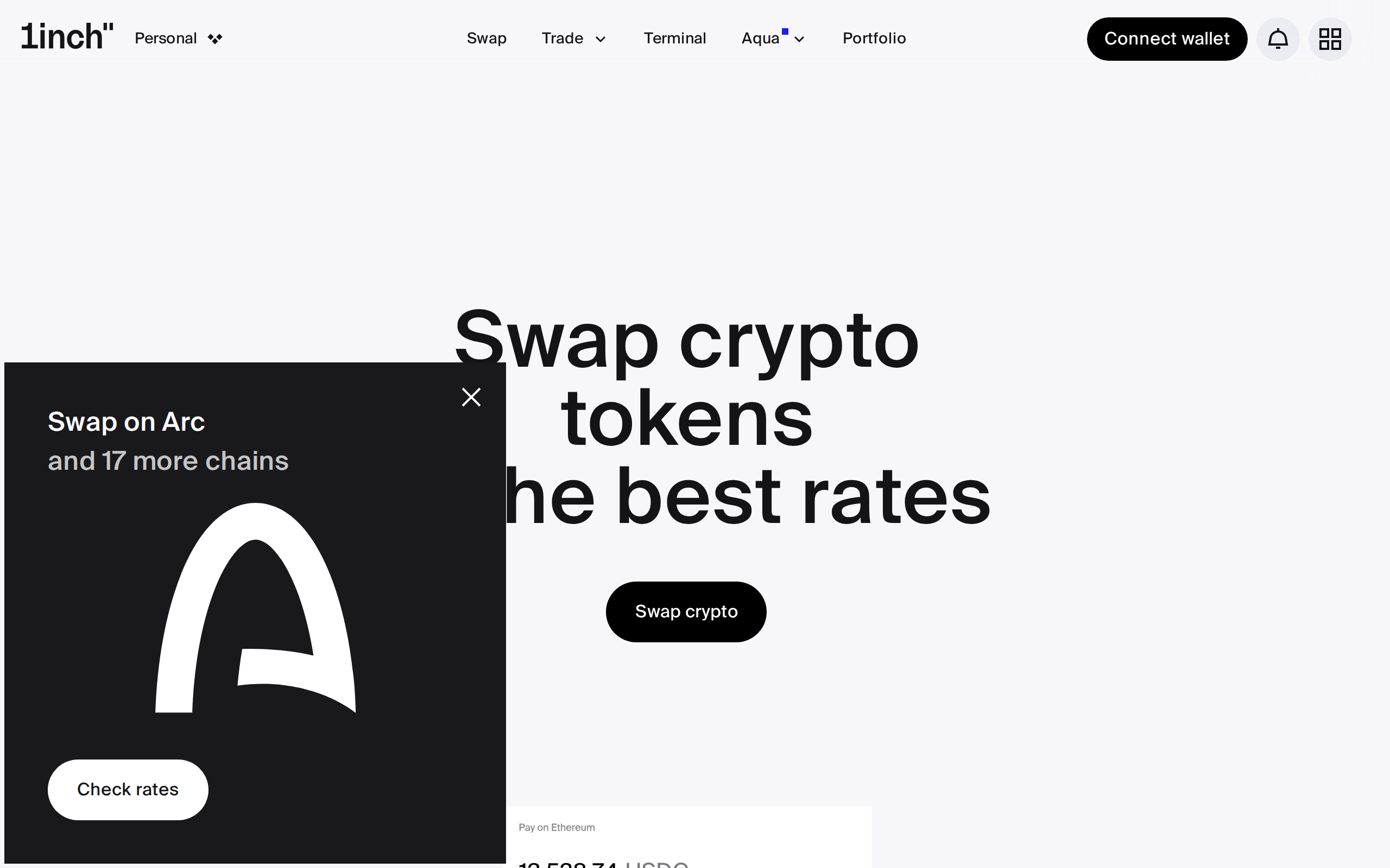 1inch homepage with the headline Swap crypto tokens at the best rates beside an illustration