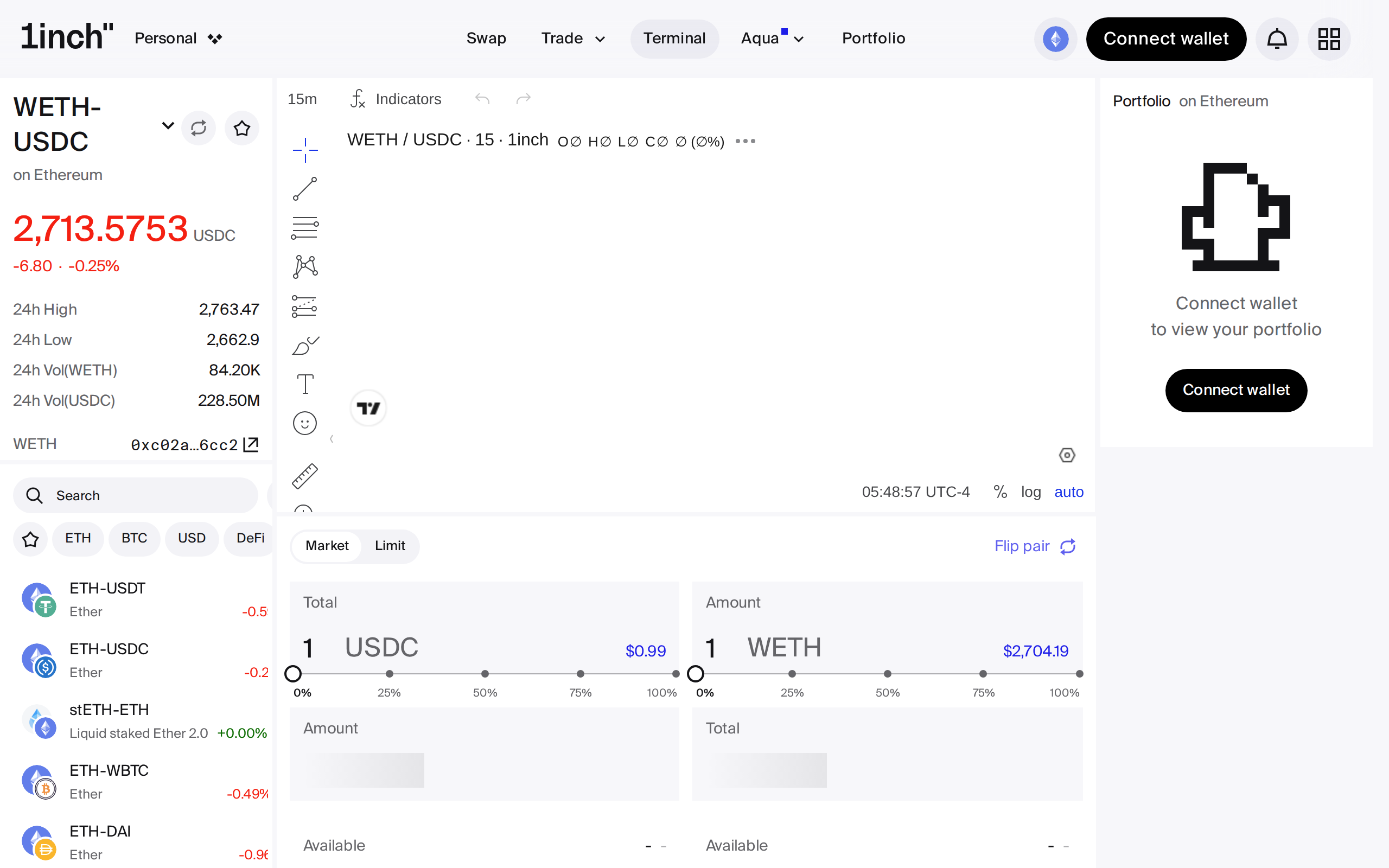 1inch Terminal page asking the user to connect a wallet to view their portfolio