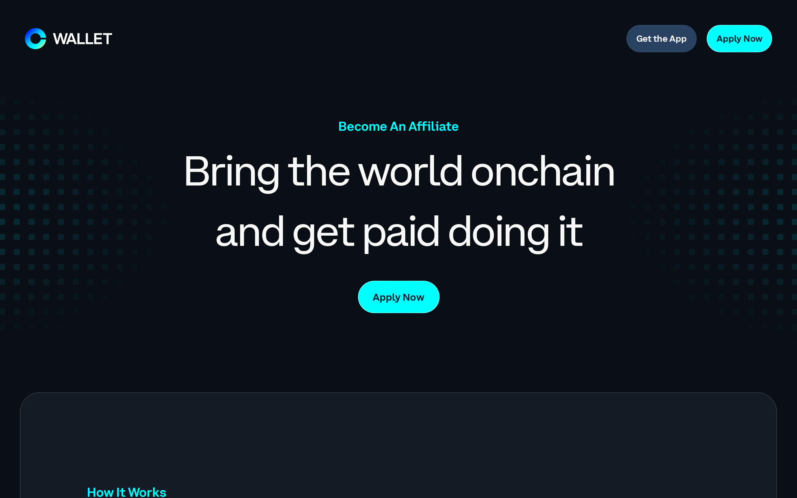 Base app affiliate page headed Bring the world onchain and get paid doing it