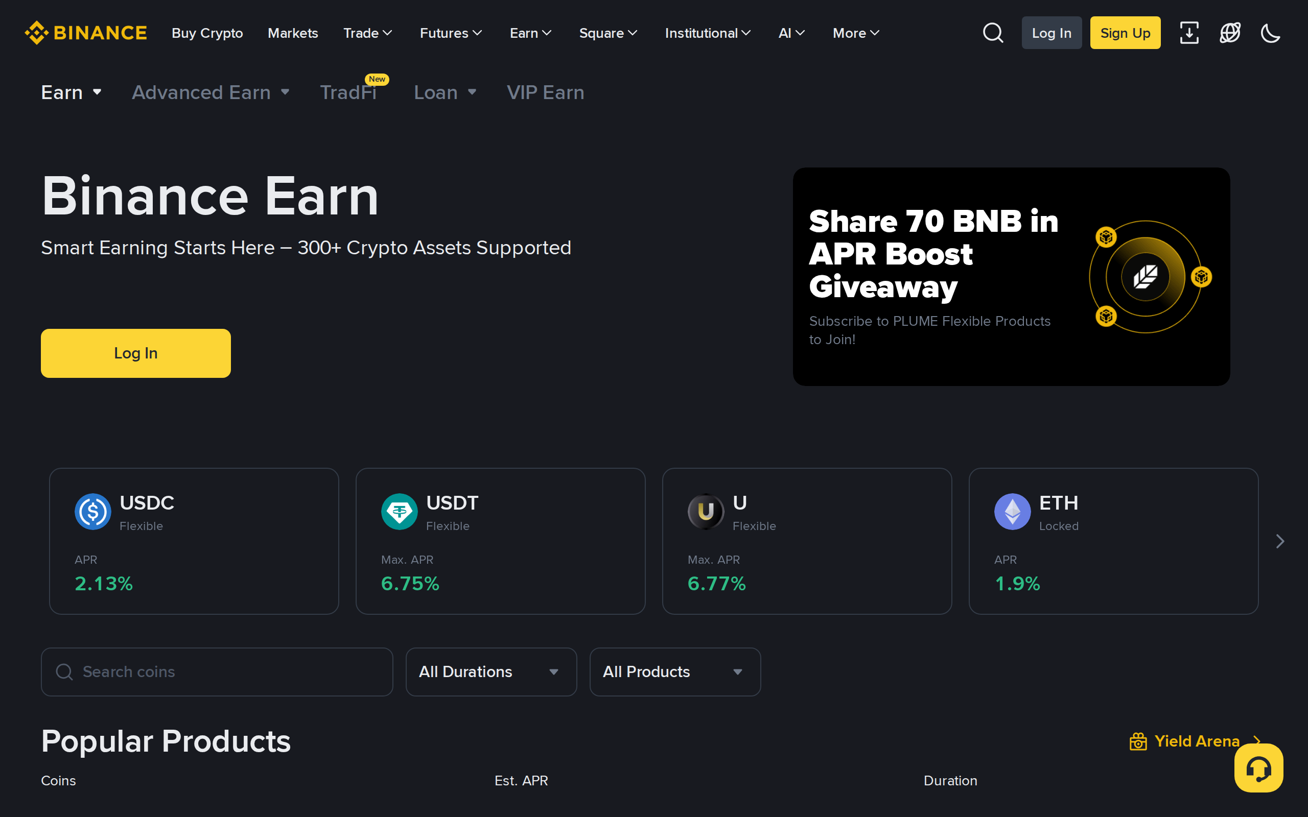 Binance Earn landing page with the heading Smart Earning Starts Here
