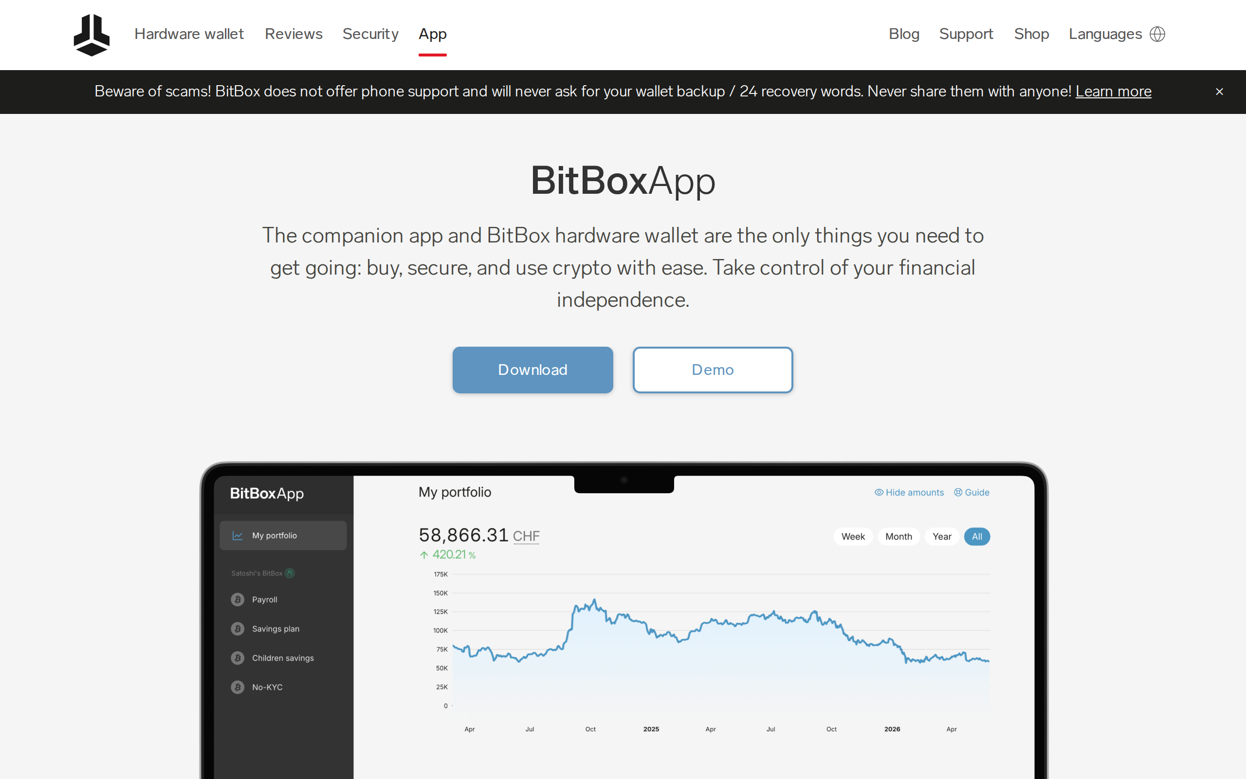 BitBoxApp page showing an accounts summary of the BitBoxApp