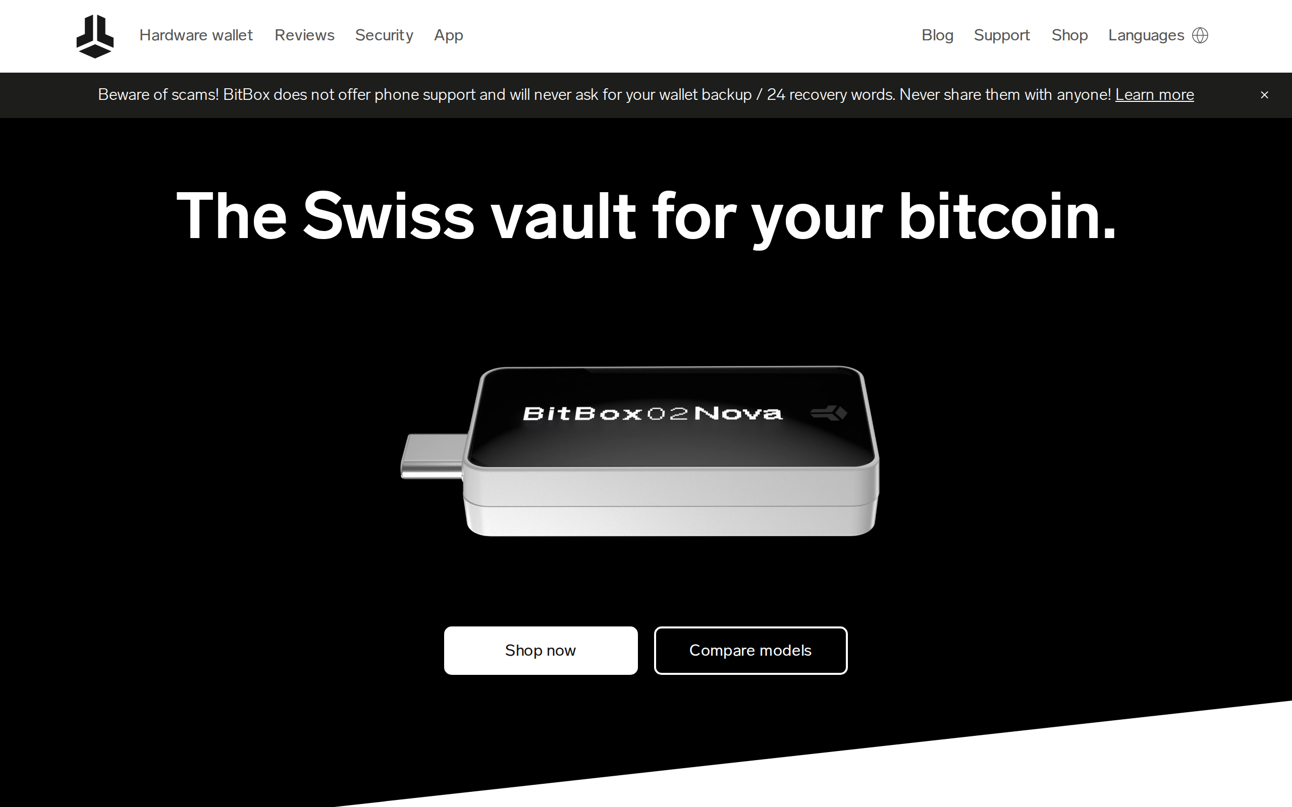 BitBox homepage headline The Swiss vault for your bitcoin on a dark background with a device video