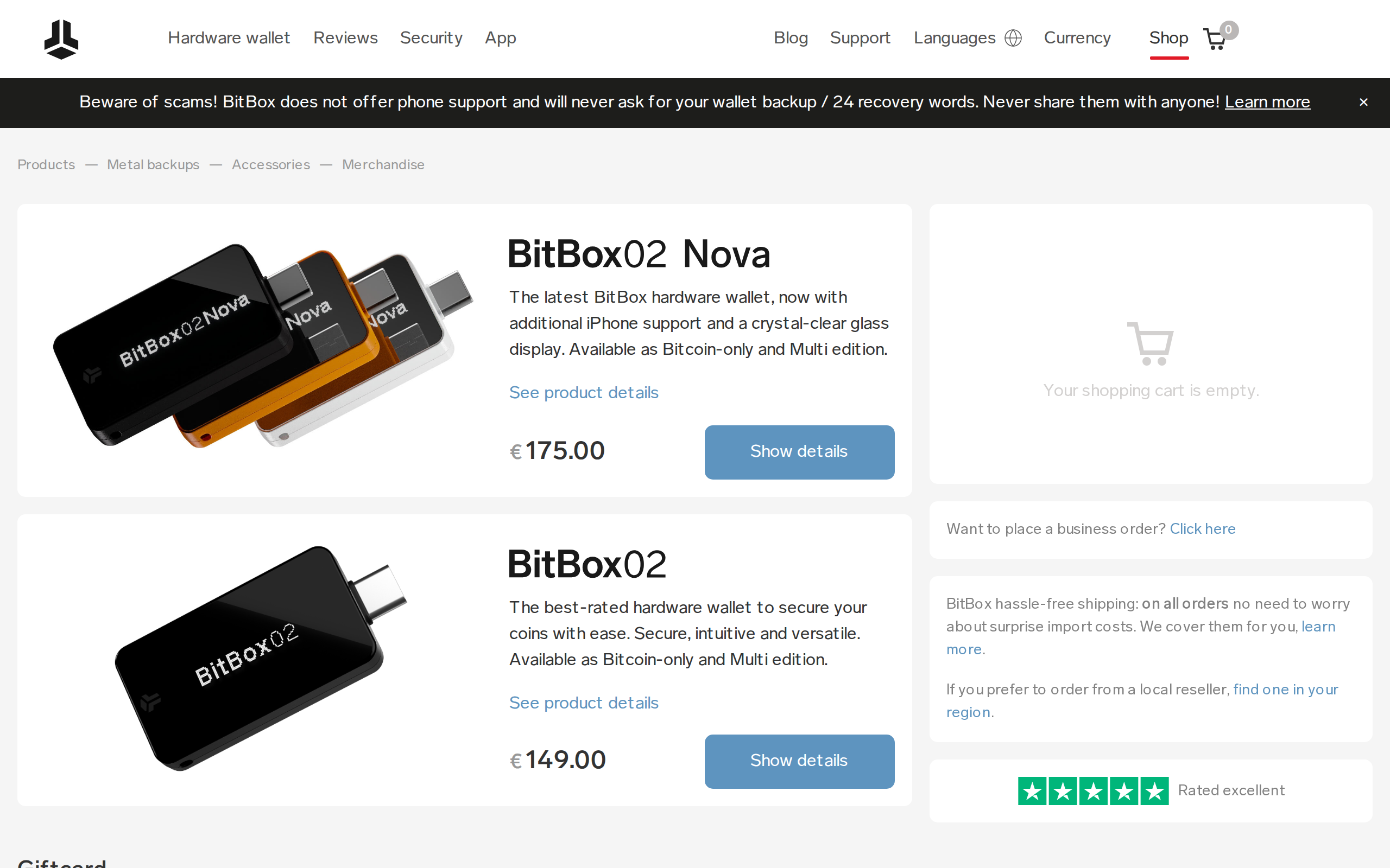 BitBox shop page listing the latest hardware wallet with iPhone support and a glass display
