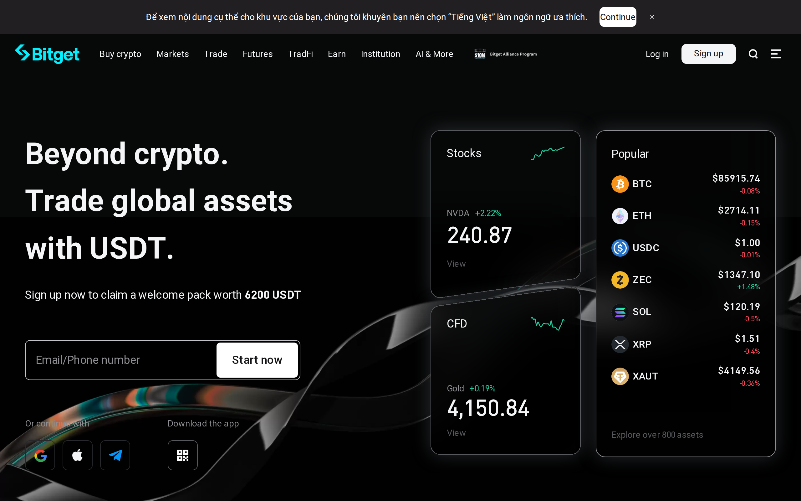Bitget home page with the heading Beyond crypto. Trade global assets with USDT and live prices