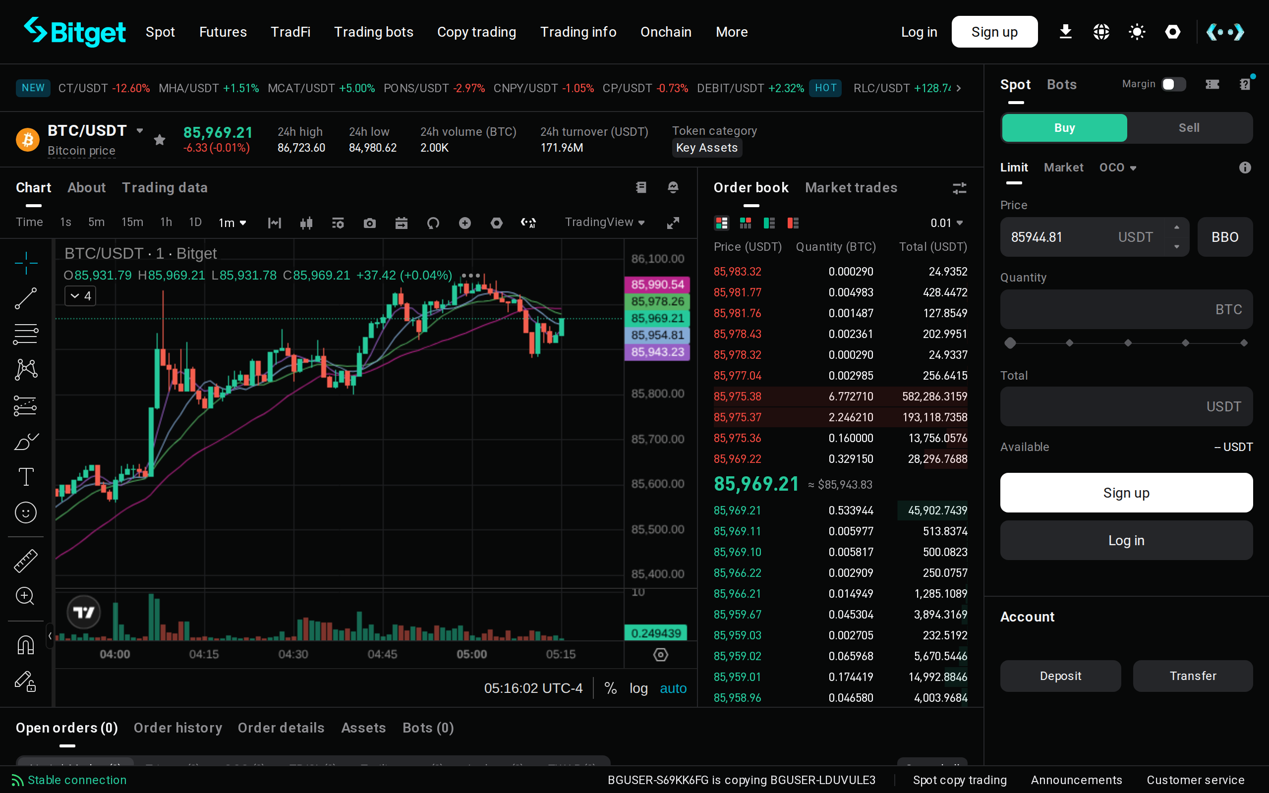 Bitget spot trading page for BTC/USDT with the heading BTC/USDT Bitcoin price