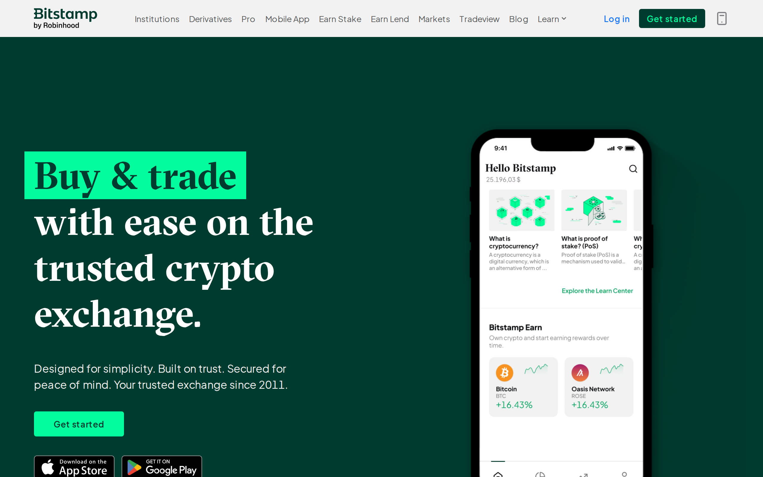 Bitstamp homepage headline reading Buy and trade with ease on the trusted crypto exchange