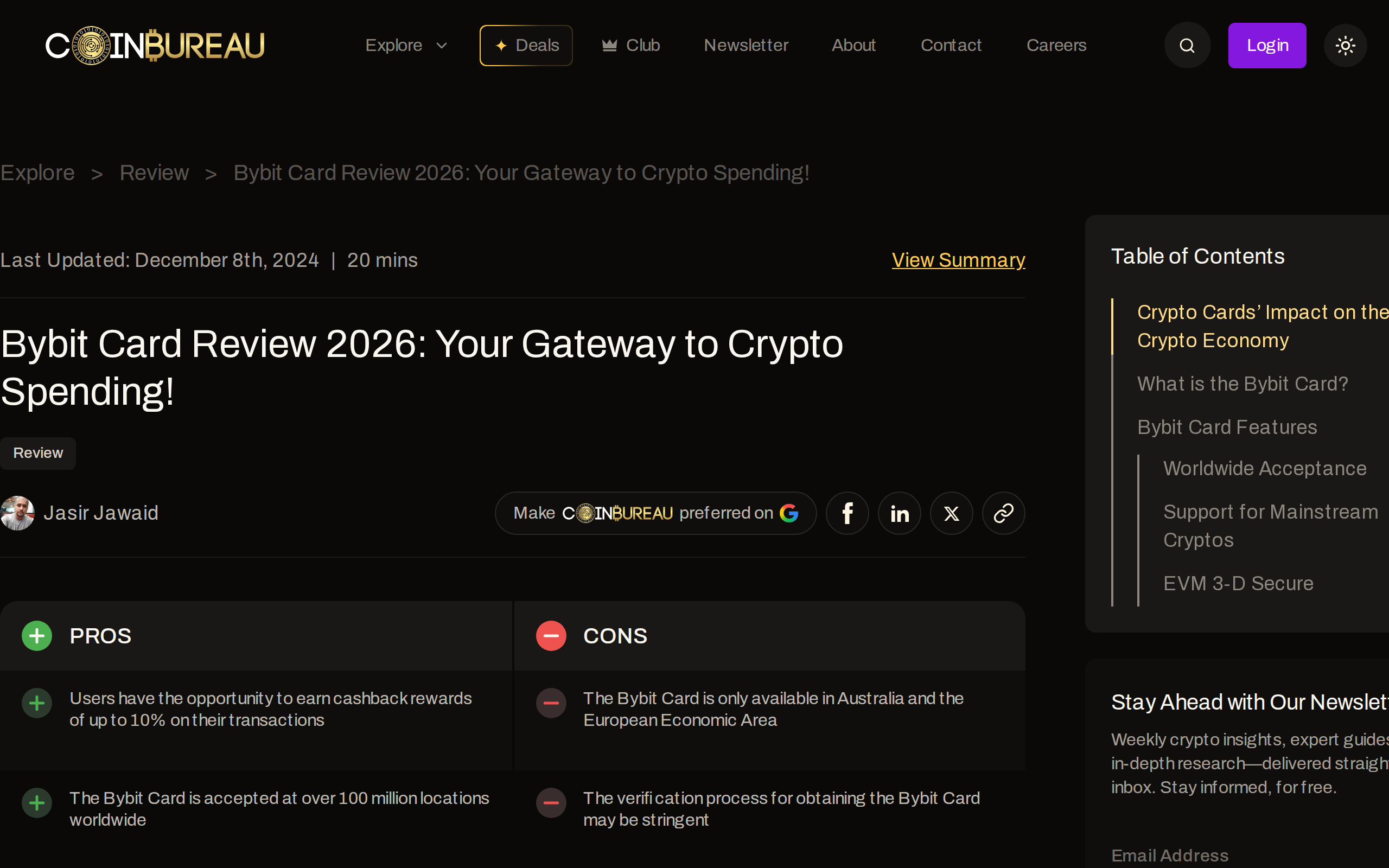 Coin Bureau's Bybit Card review page, headlined 'Your Gateway to Crypto Spending', with pros and cons boxes