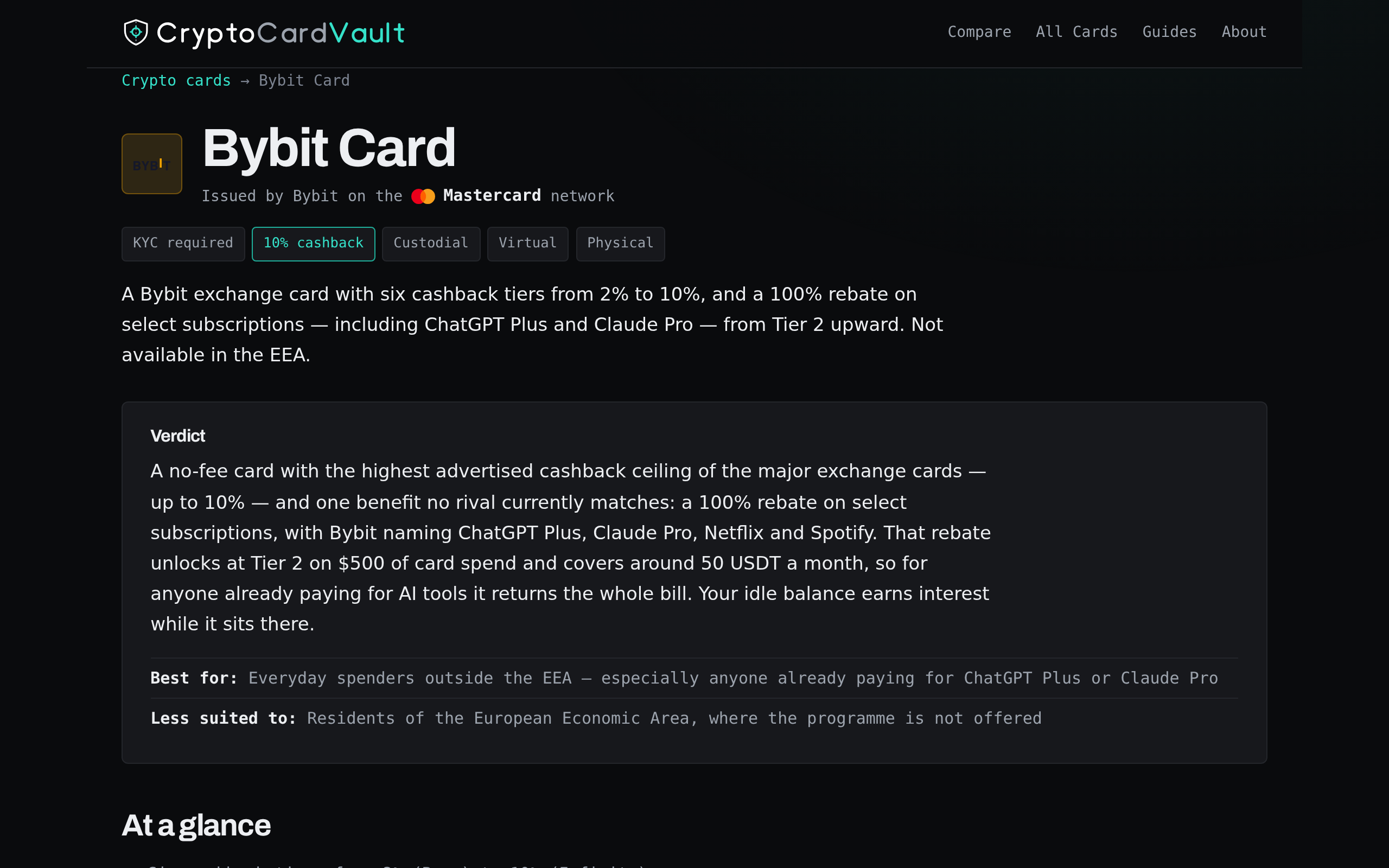 Crypto Card Vault's Bybit Card page with a verdict and an at-a-glance box