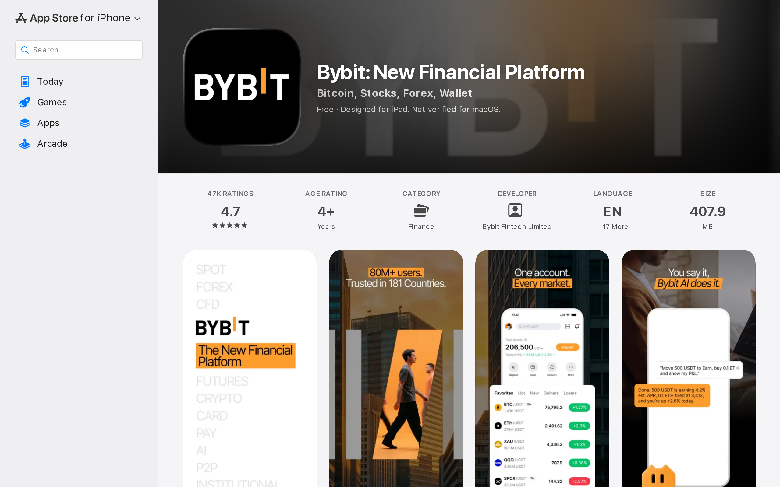 Bybit's Apple App Store listing, Bybit: New Financial Platform, with a 4.7 rating from 47K ratings and phone screenshots of the app