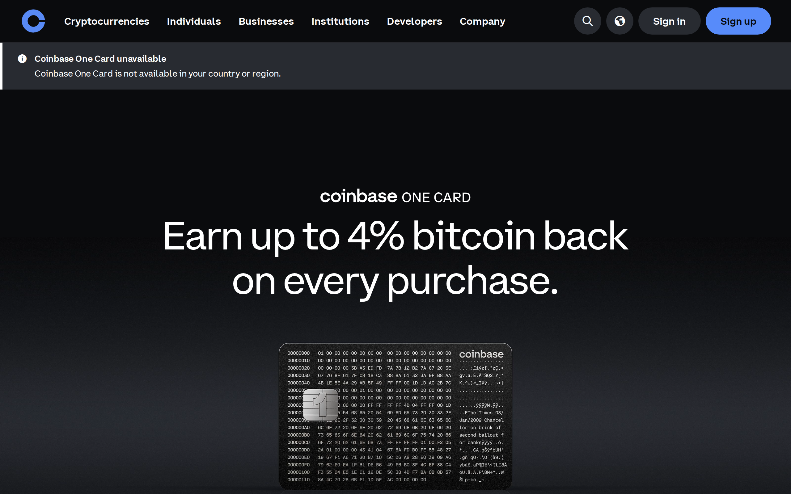 Coinbase One Card page with the heading Earn up to 4% bitcoin back on every purchase