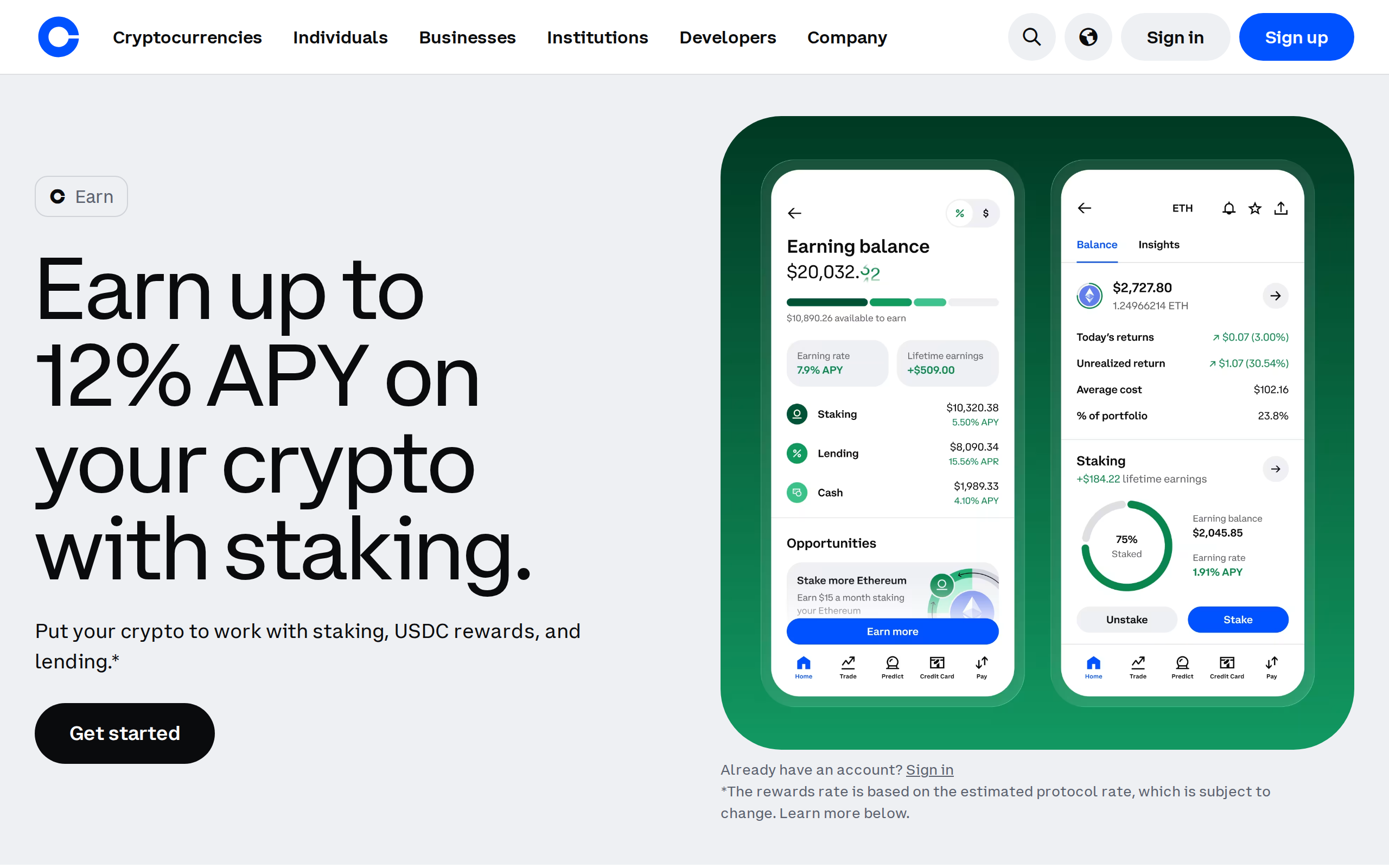 Coinbase Earn page with the heading Earn up to 12% APY on your crypto with staking