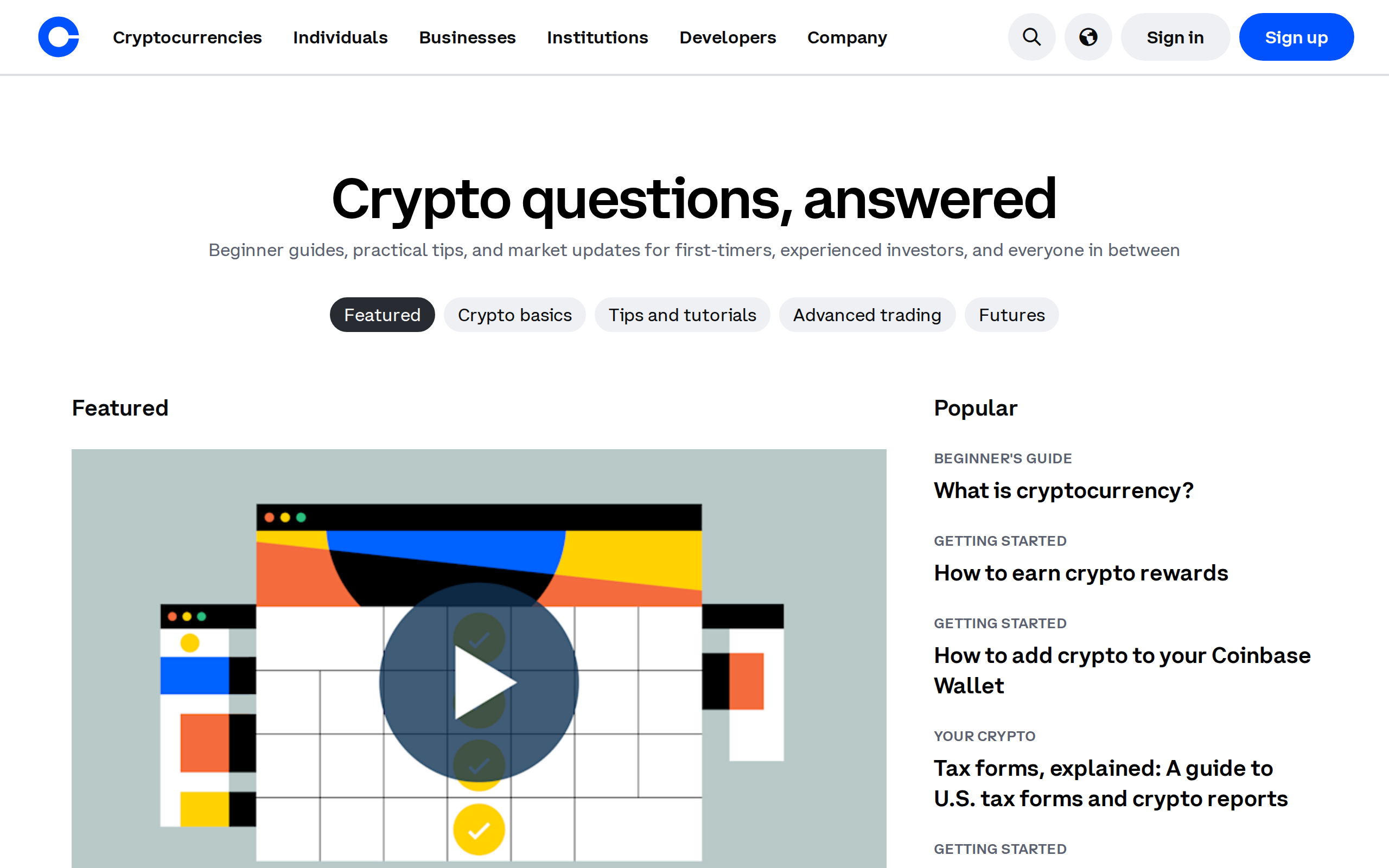 Coinbase Learn page headed Crypto questions, answered