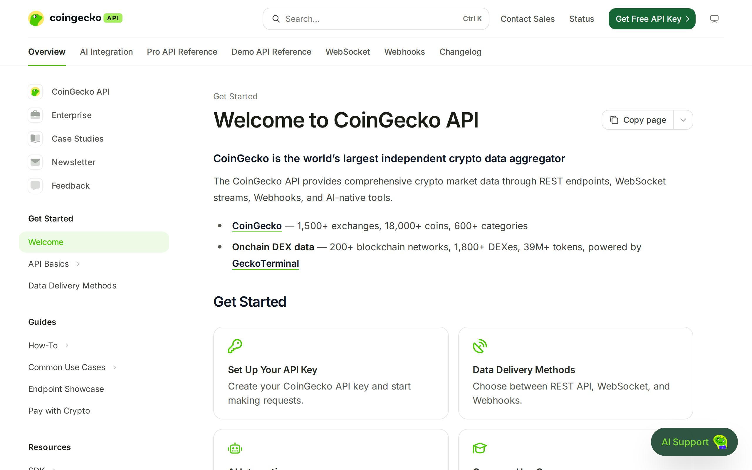 CoinGecko API documentation welcome page stating 1,500+ exchanges, 18,000+ coins and 600+ categories