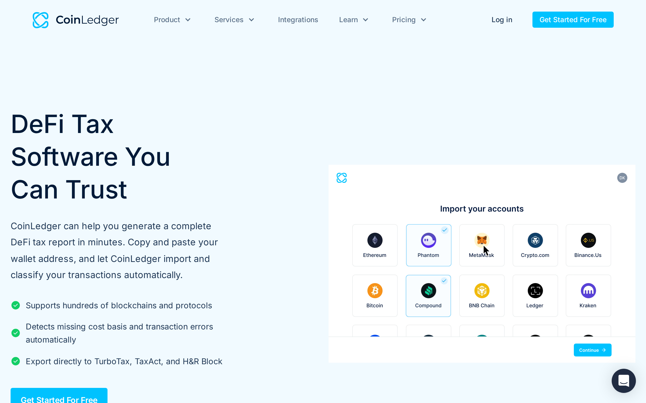 CoinLedger DeFi tax software page promising support for hundreds of blockchains and protocols