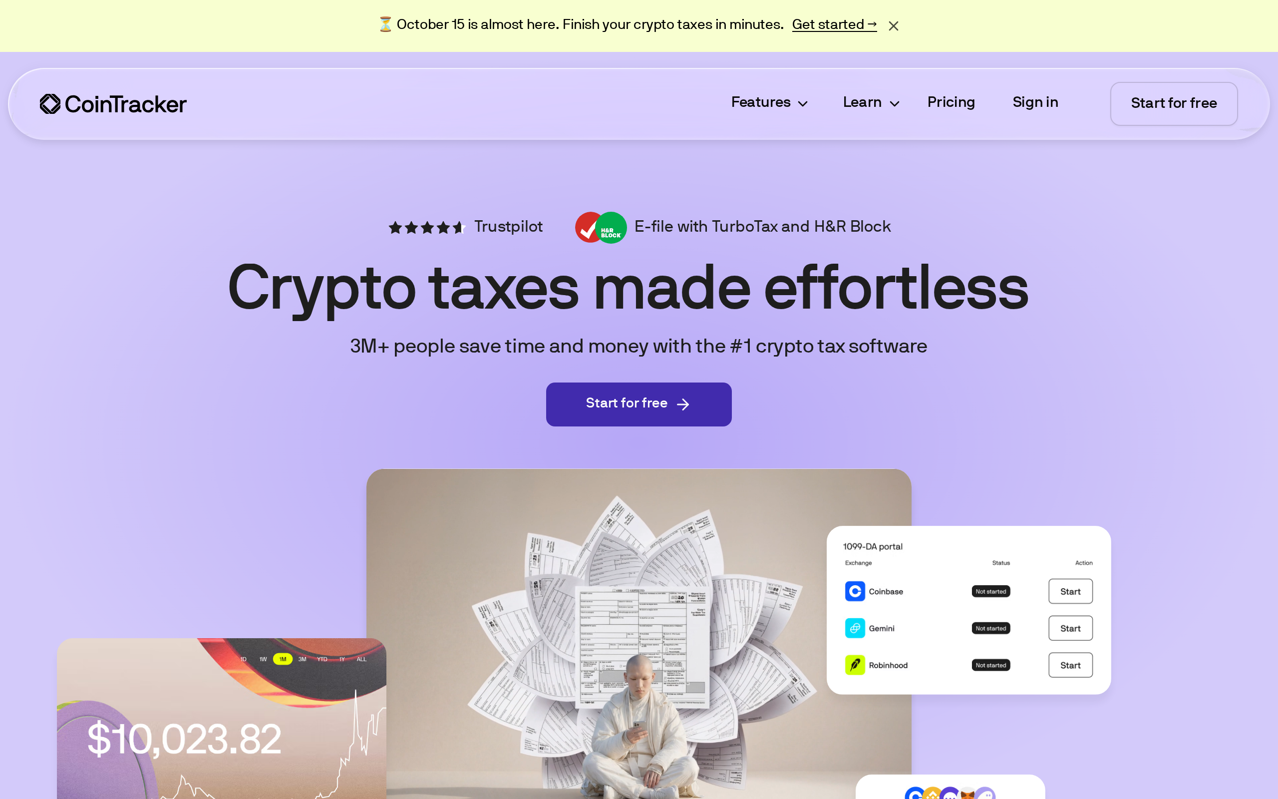 CoinTracker home page with the heading Crypto taxes made effortless and a set of product cards