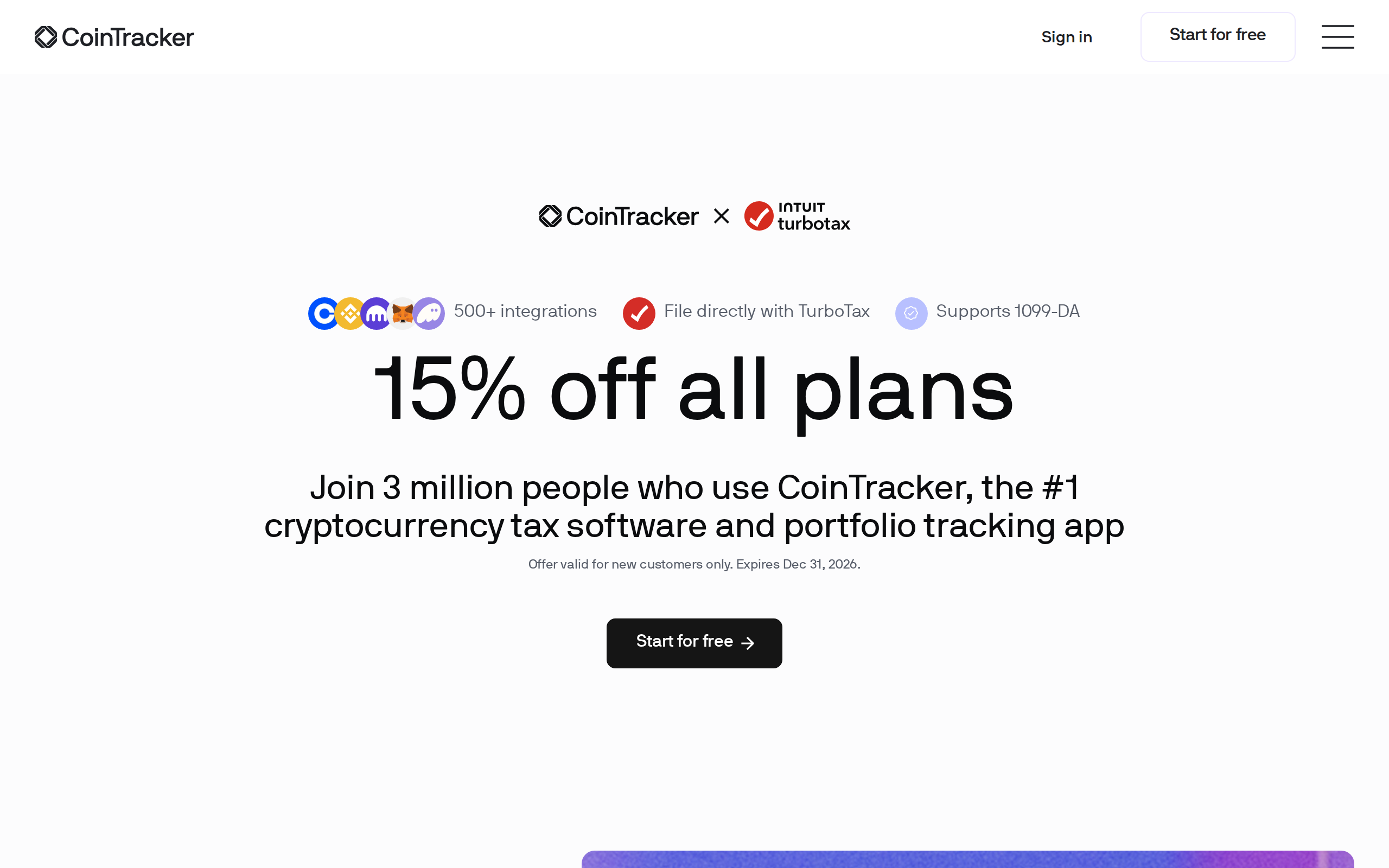 The CoinTracker TurboTax page with the heading 15% off all plans