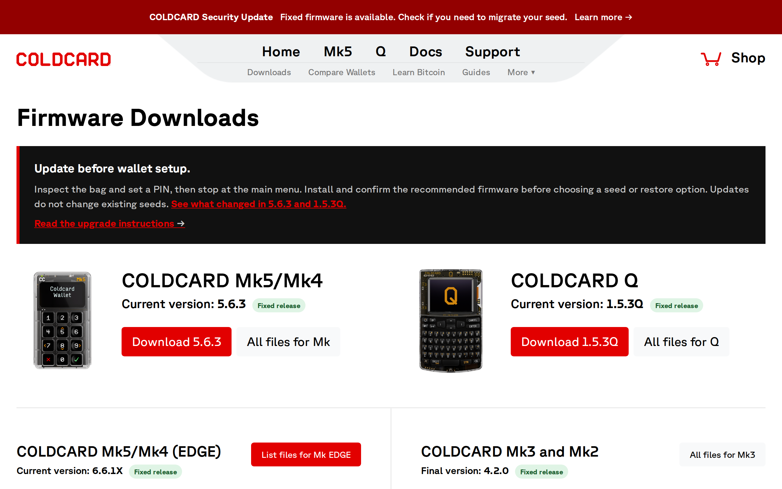 Coldcard firmware downloads page showing the current Mk5 and Mk4 version 5.6.3 marked as a fixed release, with a section for the Q below