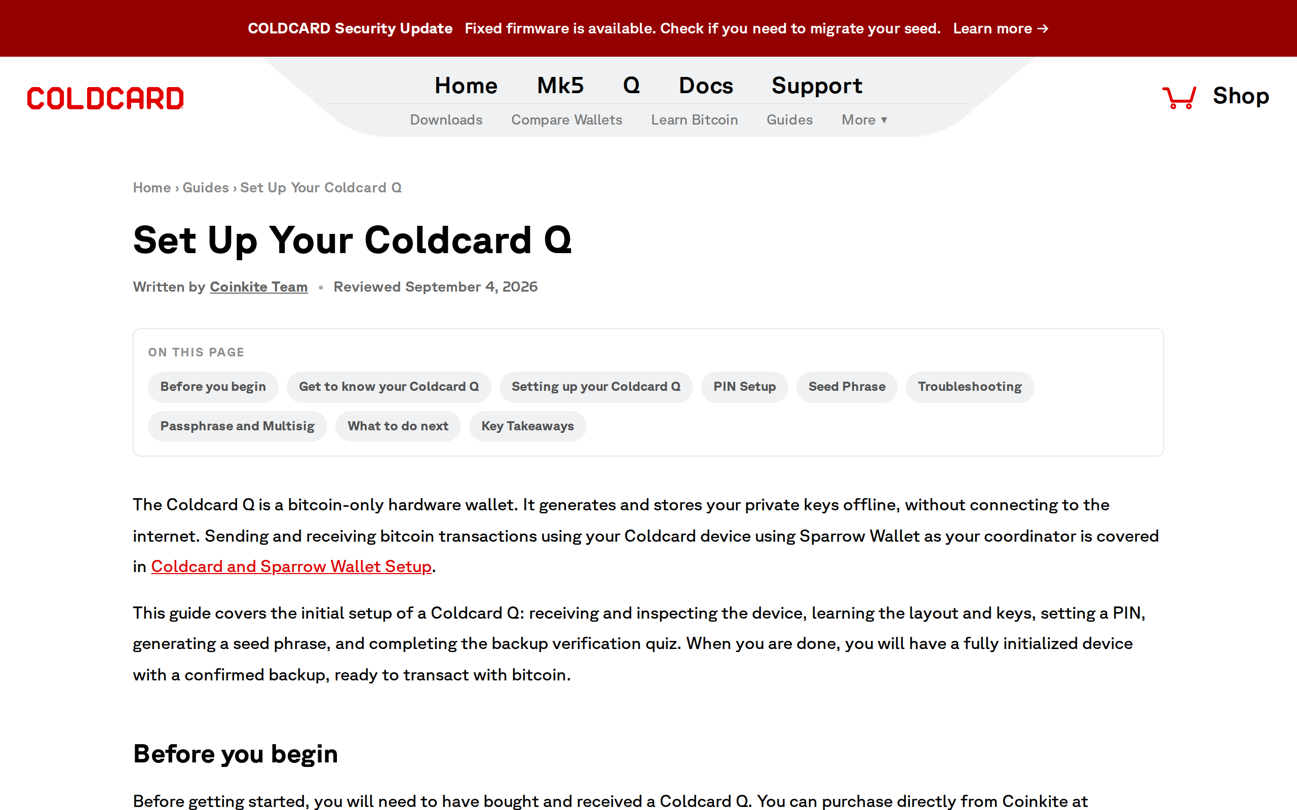 Coldcard's guide for setting up a Coldcard Q, with a Before you begin section