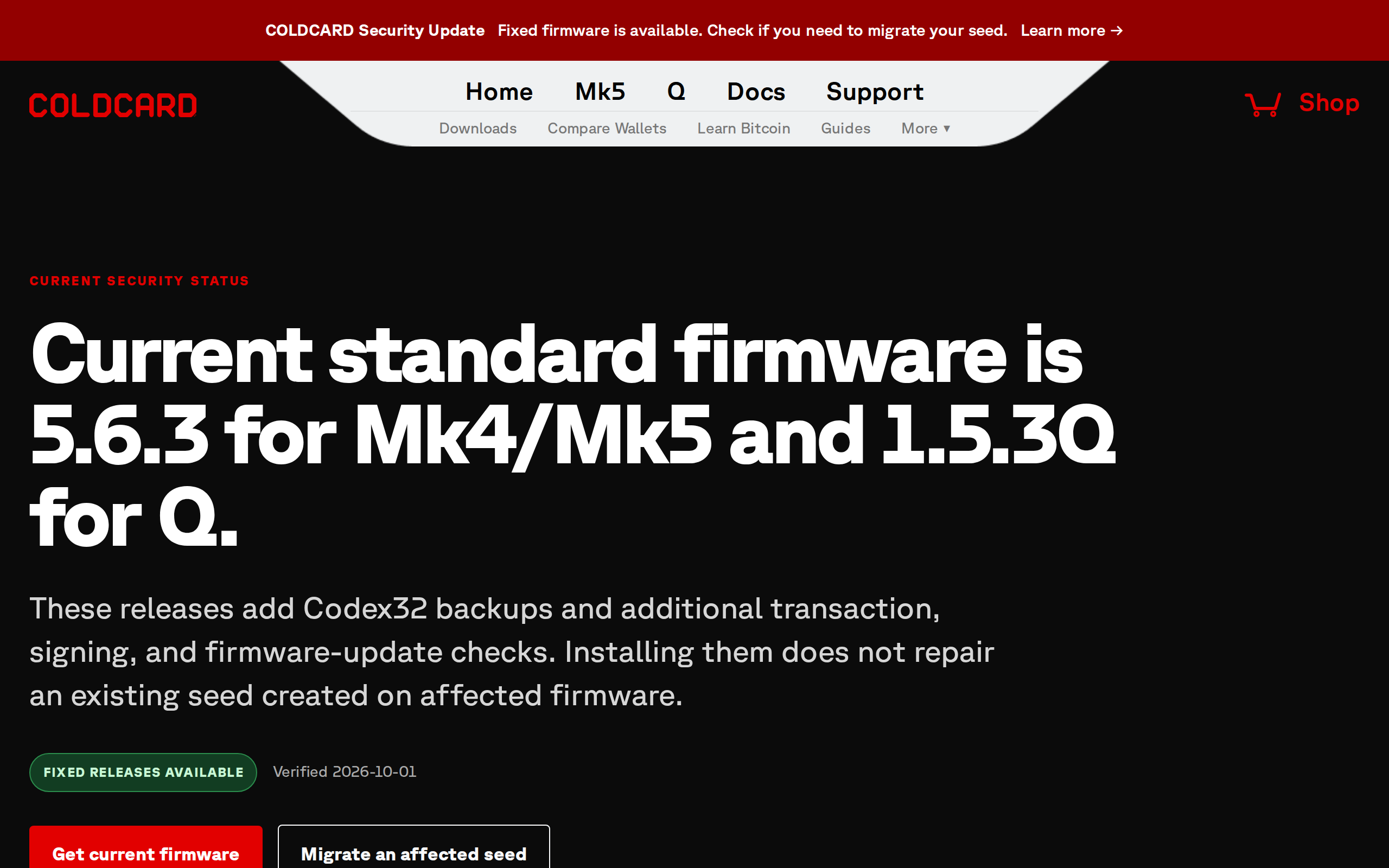Coldcard's security status page headline naming 5.6.3 for Mk4 and Mk5 and 1.5.3Q for the Q as the current standard firmware
