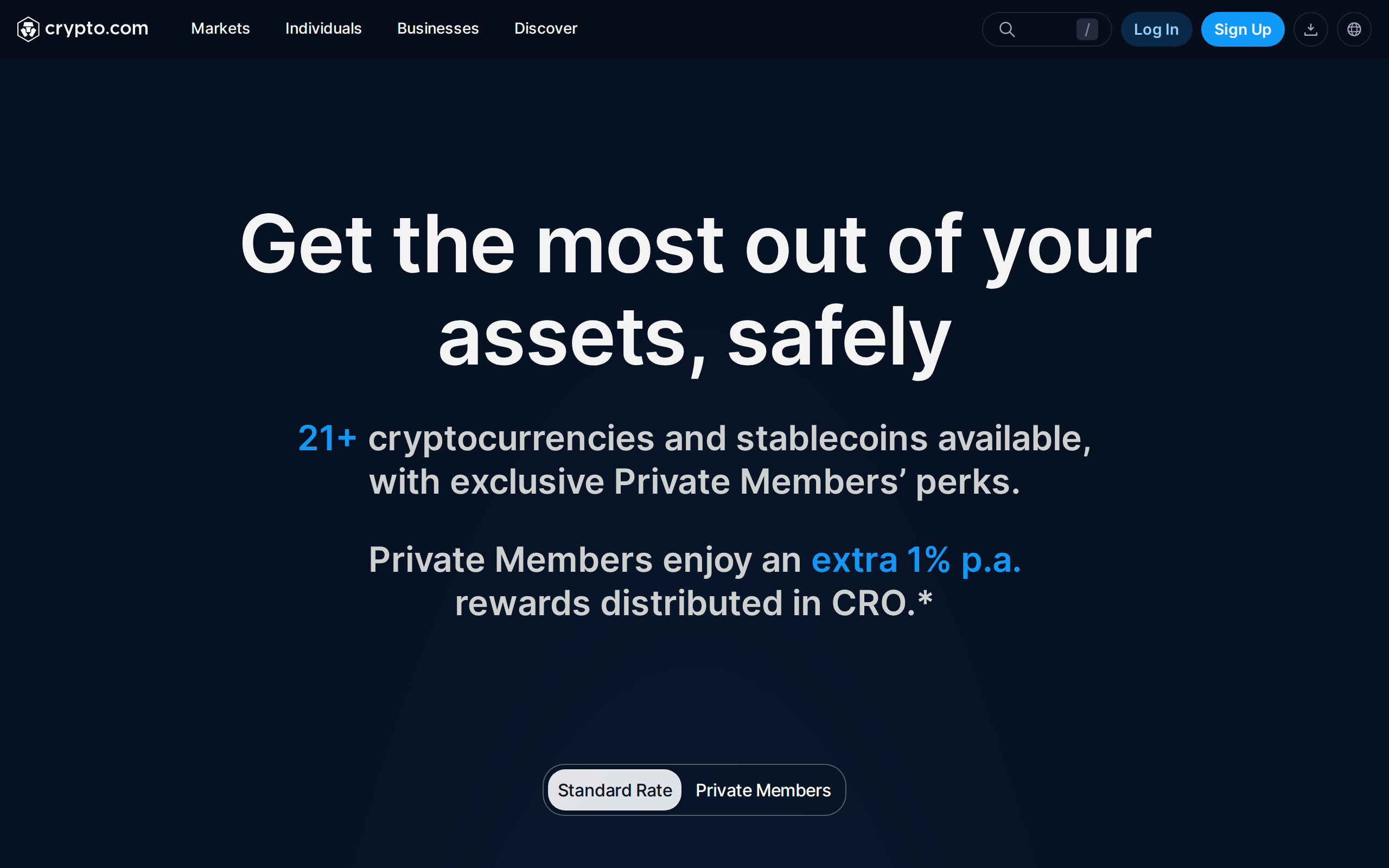 Crypto.com Earn page with the heading Get the most out of your assets, safely