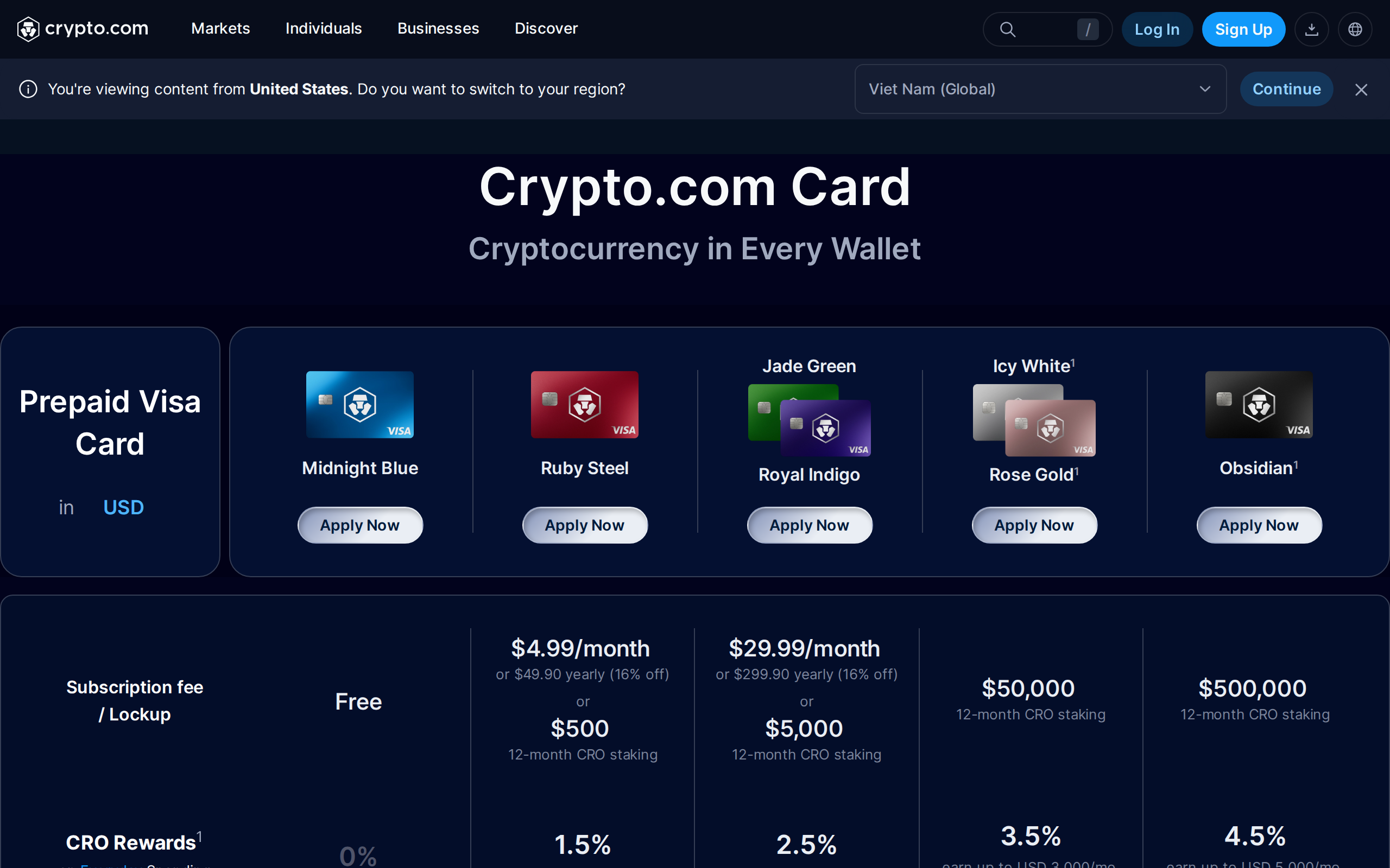Crypto.com prepaid card page showing a subscription fee of $4.99 per month or $49.90 yearly, or a $500 12-month CRO stake