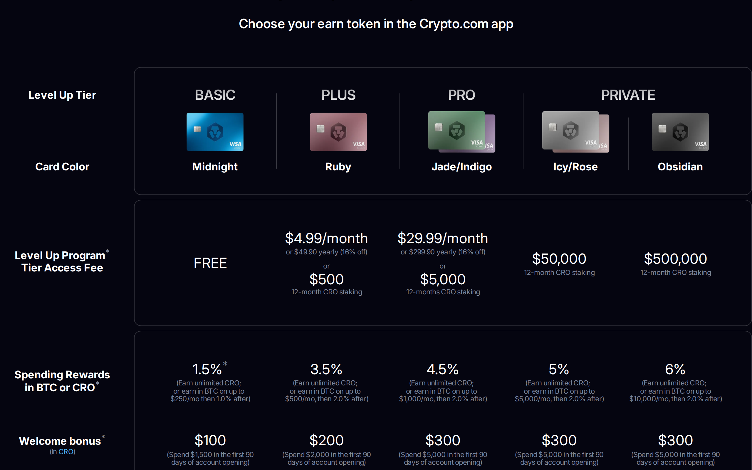 Level Up table with Basic, Plus, Pro and Private tiers, showing tier access fees, spending rewards and welcome bonuses