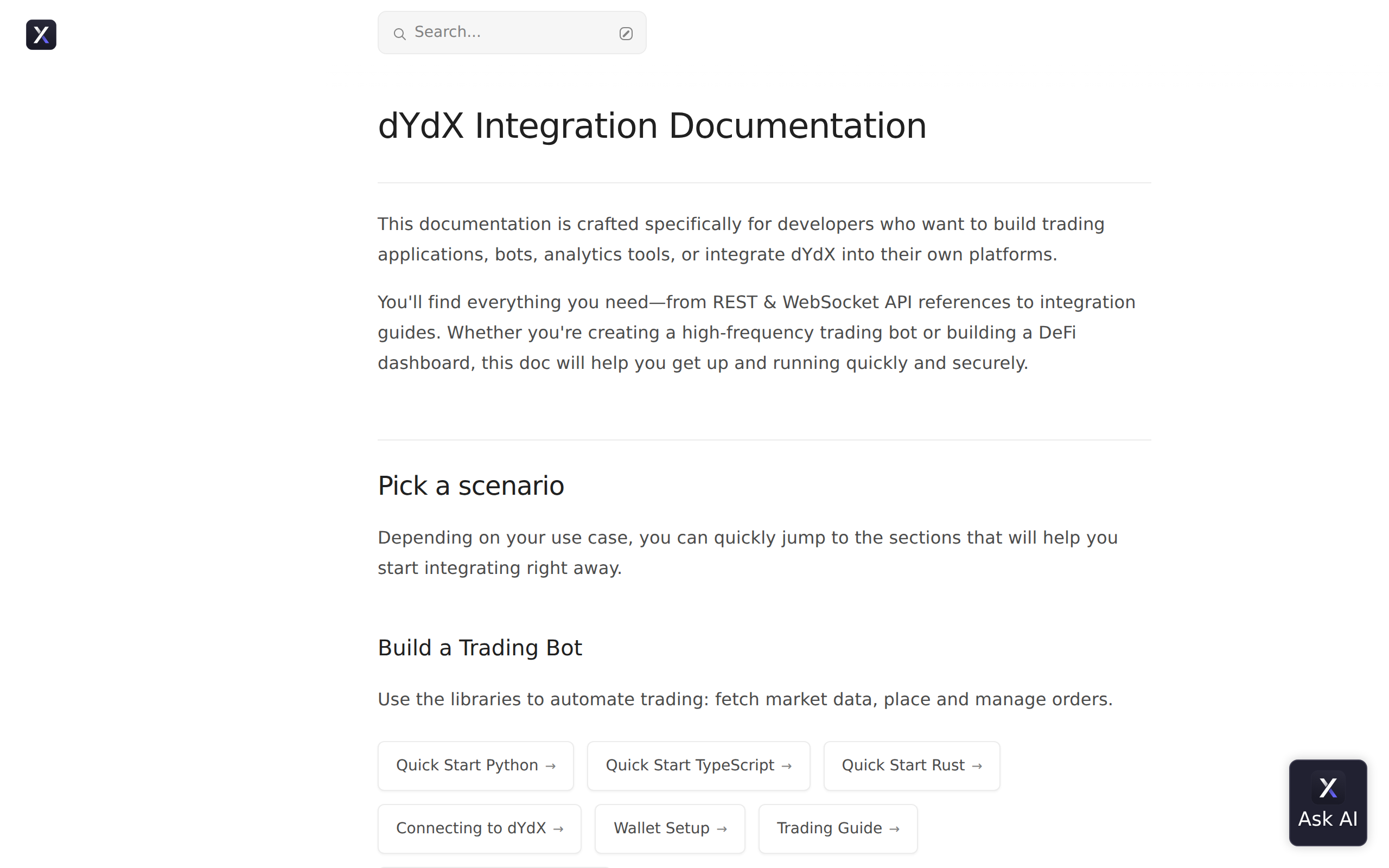 dYdX documentation overview for developers