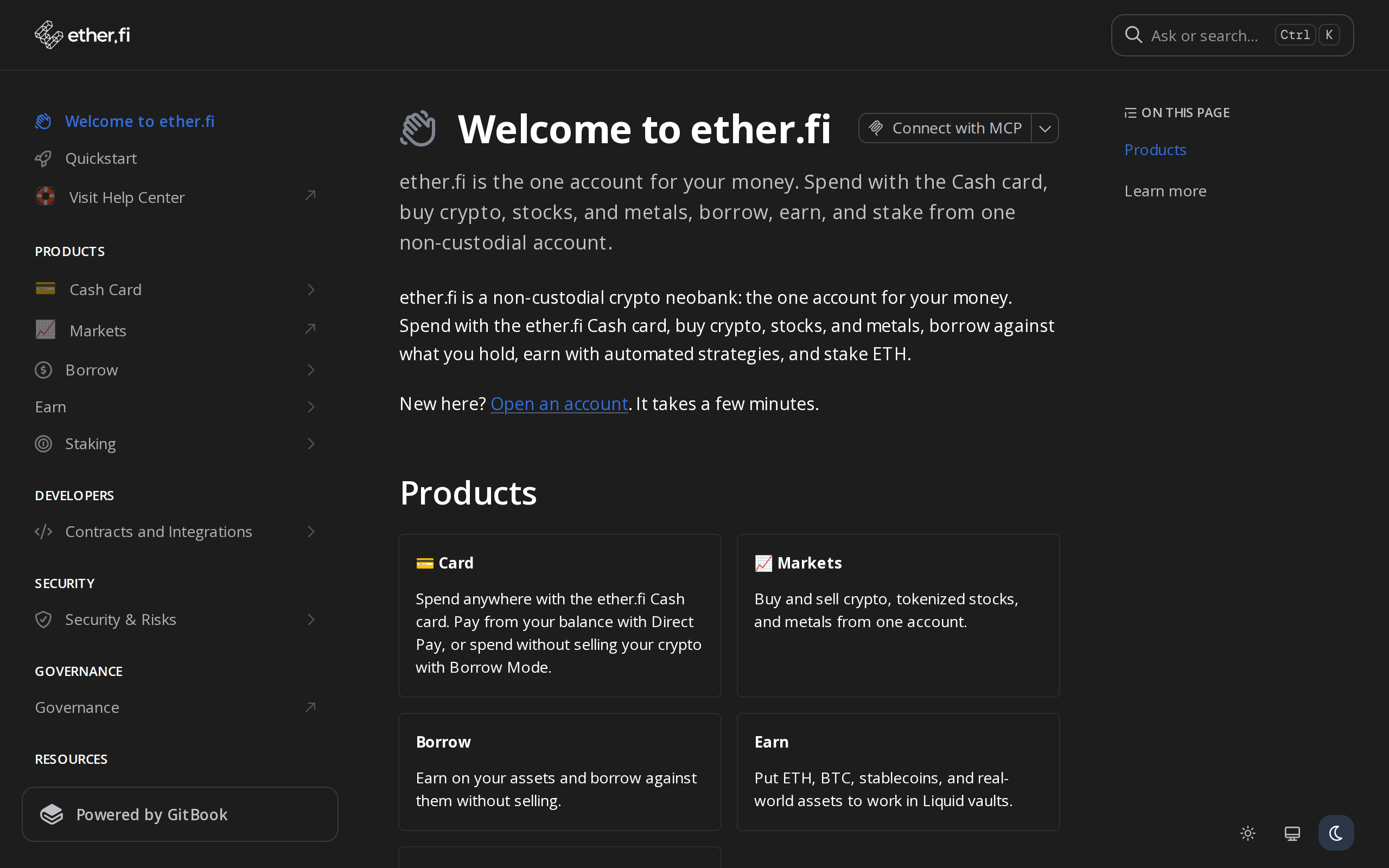 ether.fi documentation welcome page with a Products list of Cash Card, Markets, Borrow, Earn and Staking
