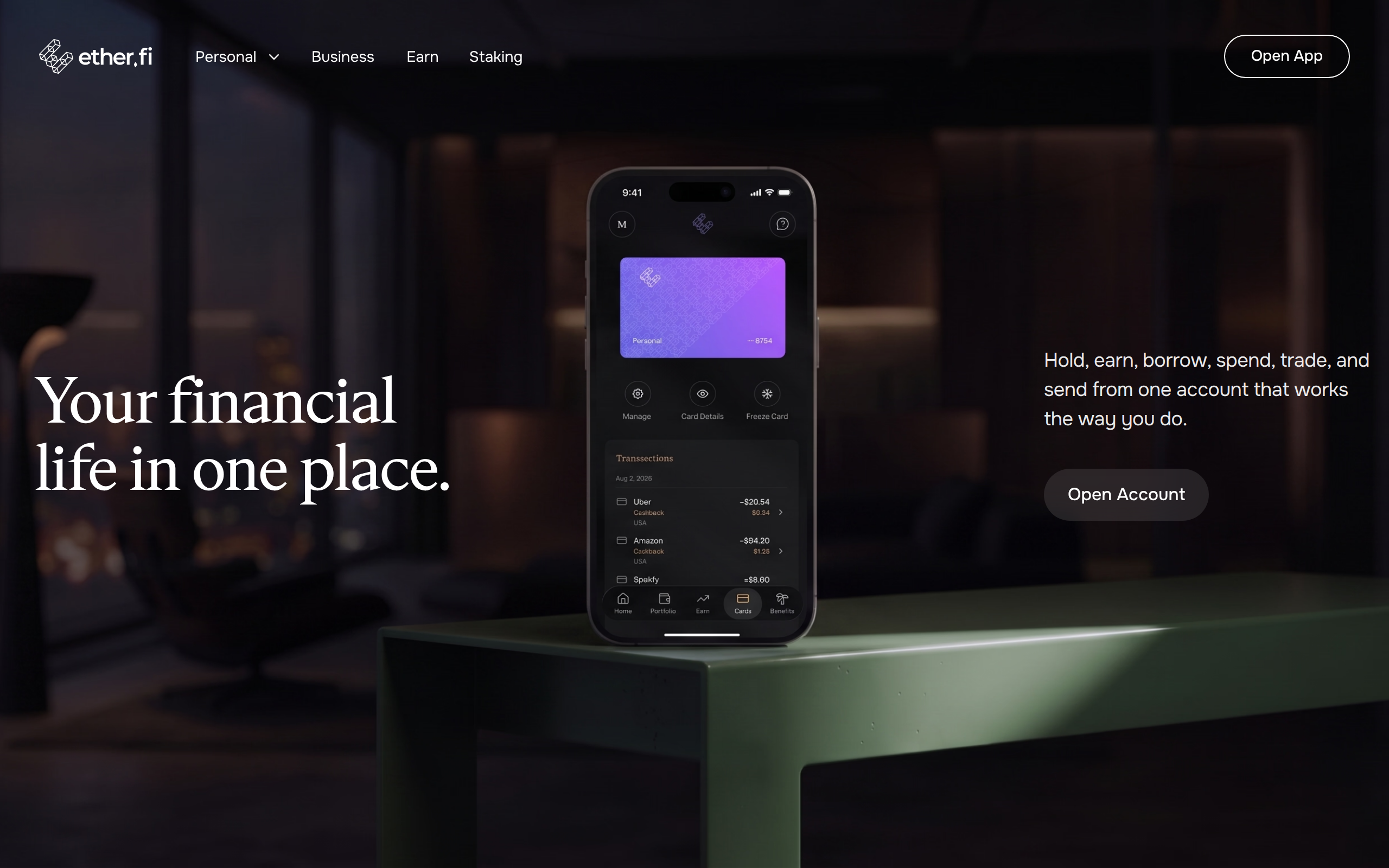 ether.fi personal account page showing Core, Luxe, Pinnacle and VIP card tiers beside a phone