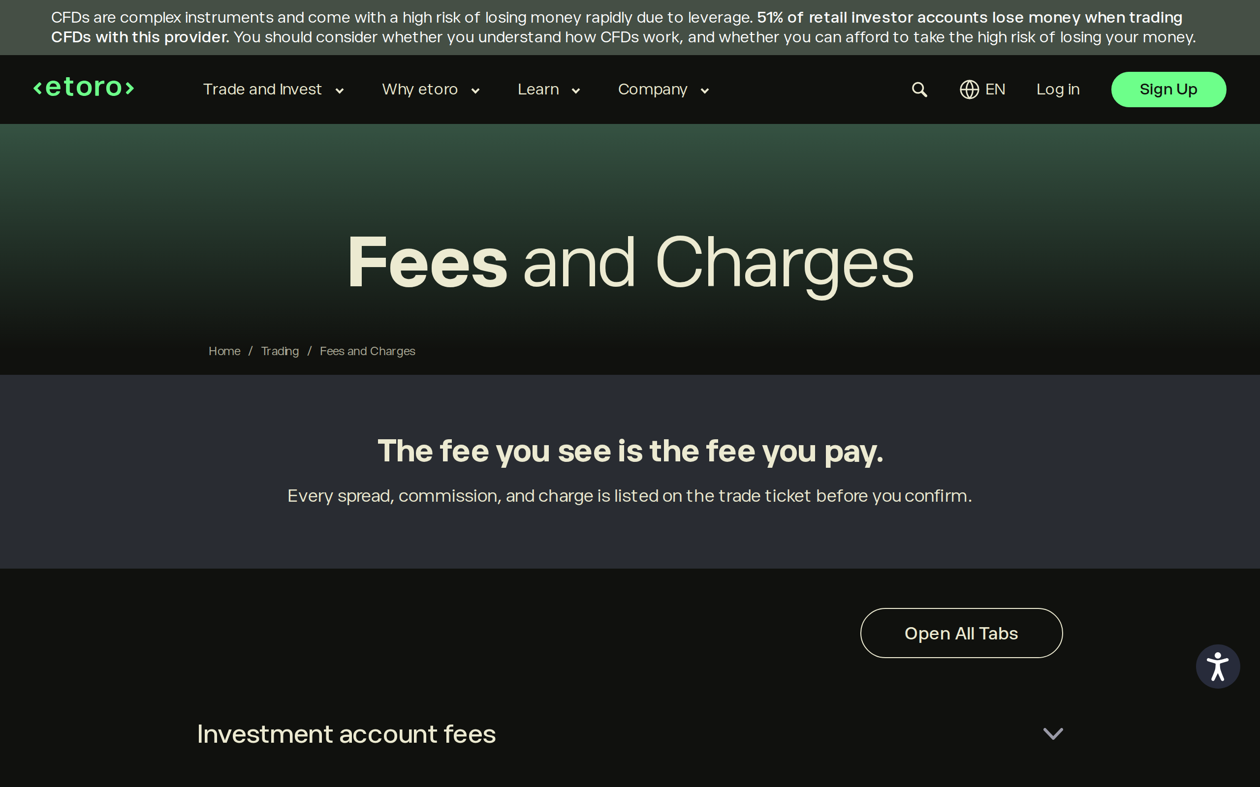 eToro Fees and Charges page with the headline The fee you see is the fee you pay