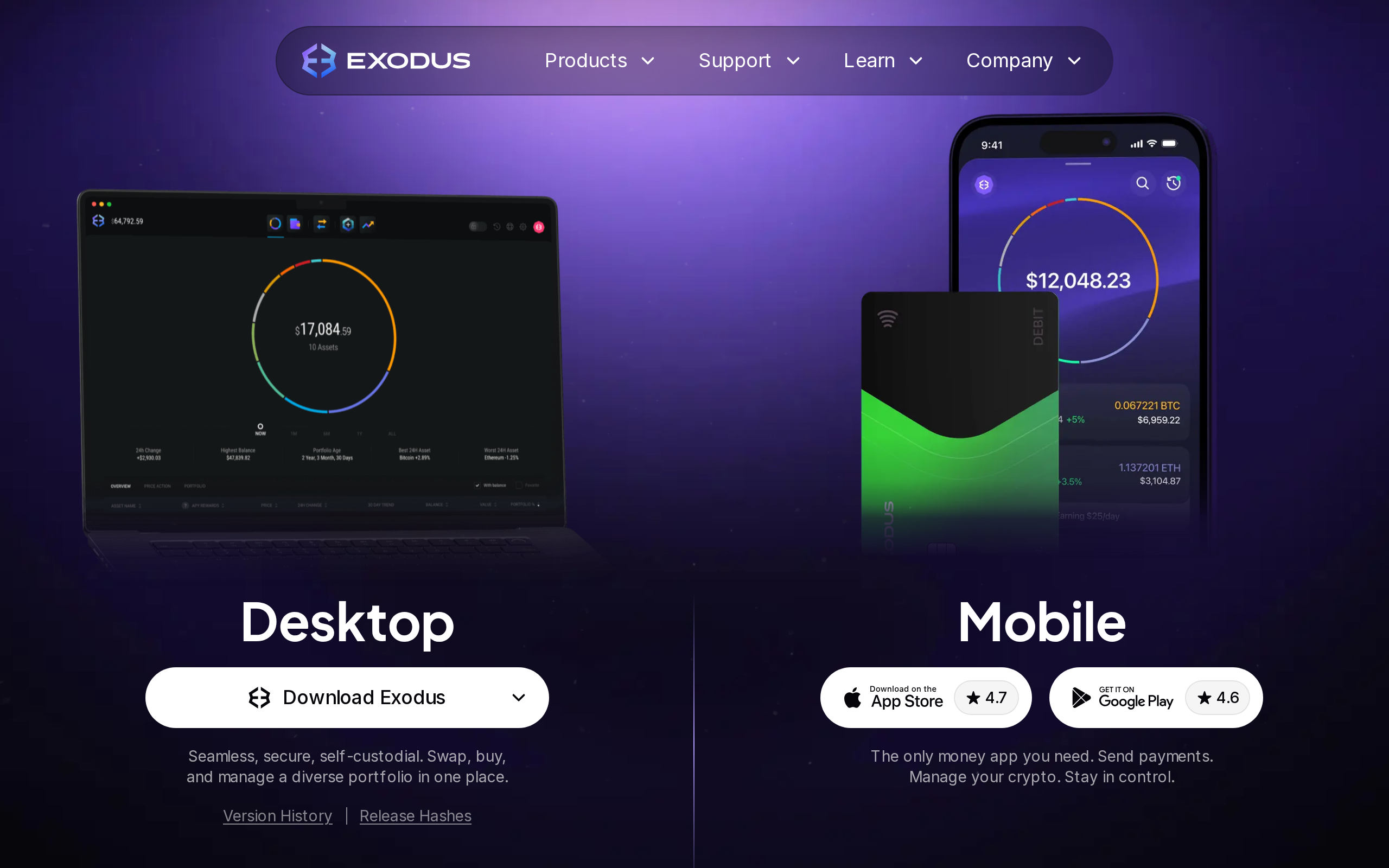 Exodus download page showing the Desktop and Mobile app options