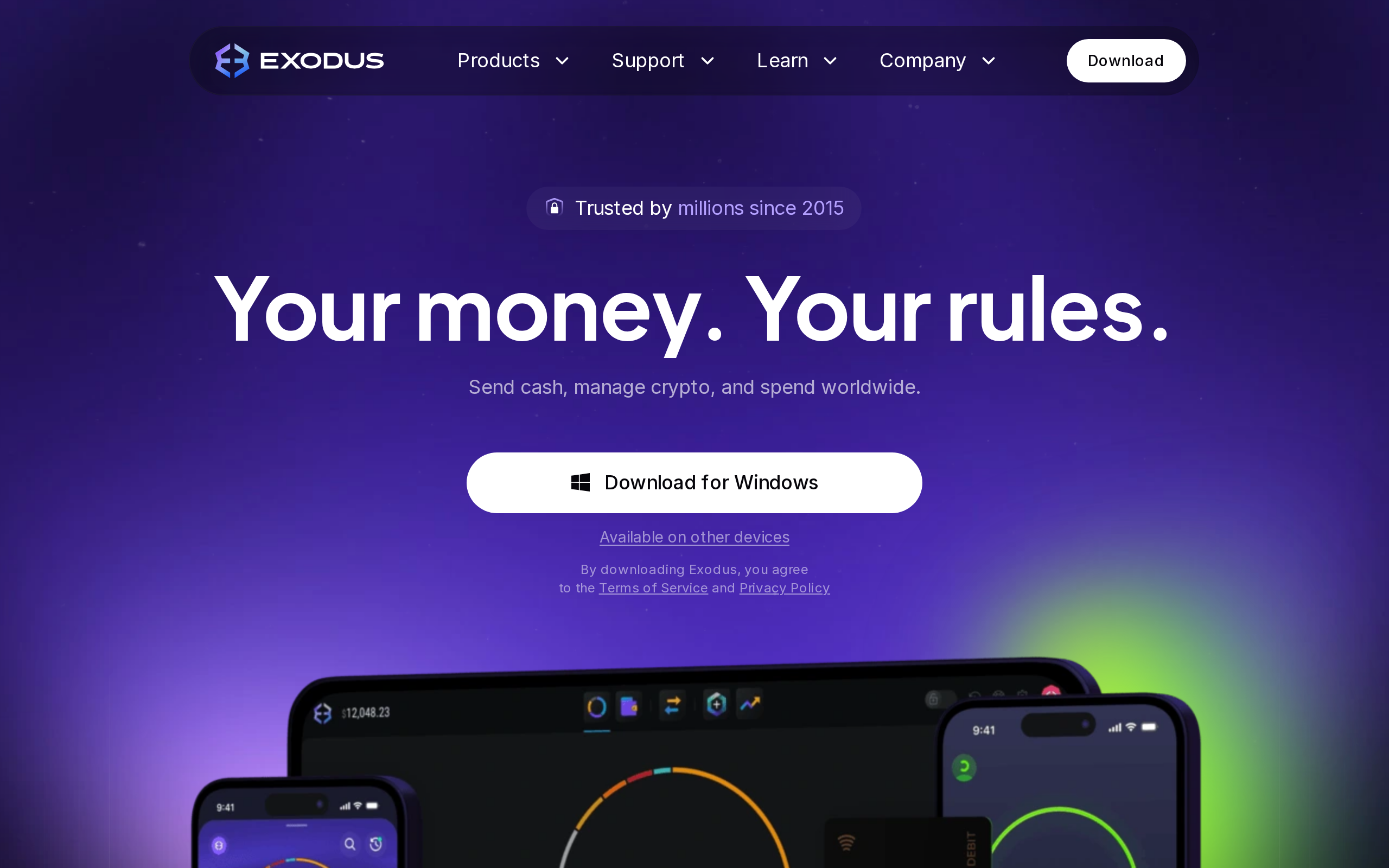 Exodus homepage with the headline 'Your money. Your rules.' above links to Exodus Pay, swapping and hardware wallet security
