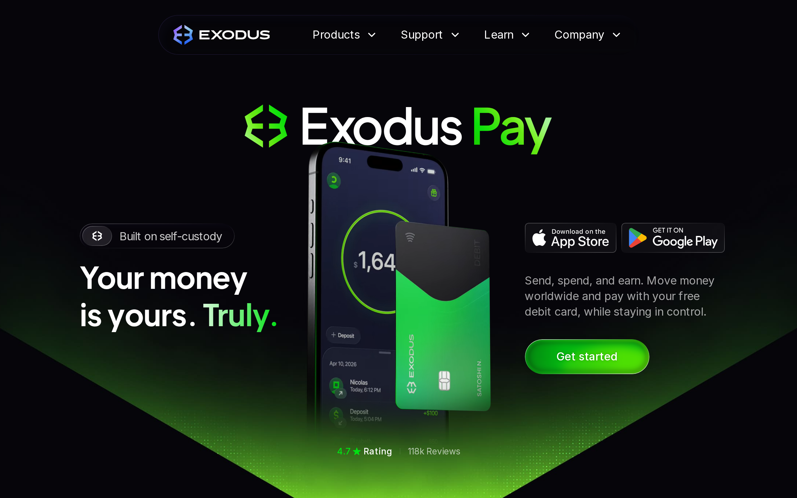 Exodus Pay page headlined 'Your money is yours. Truly.'
