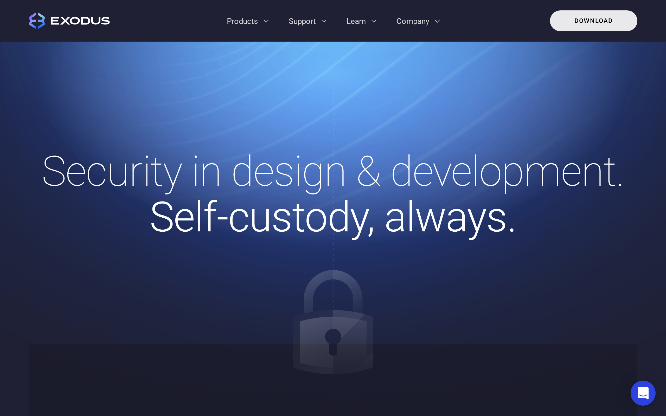 Exodus security page headlined 'Security in design and development. Self-custody, always.'