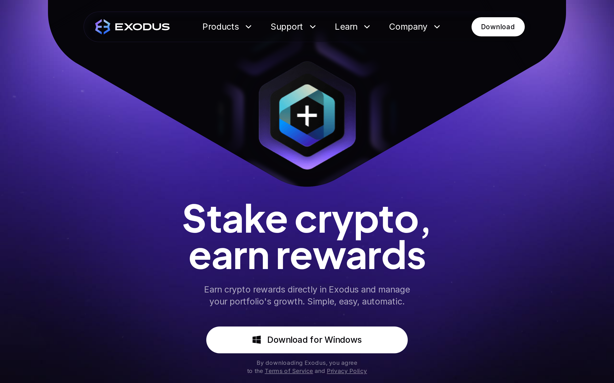 Exodus staking page with the headline 'Stake crypto, earn rewards'