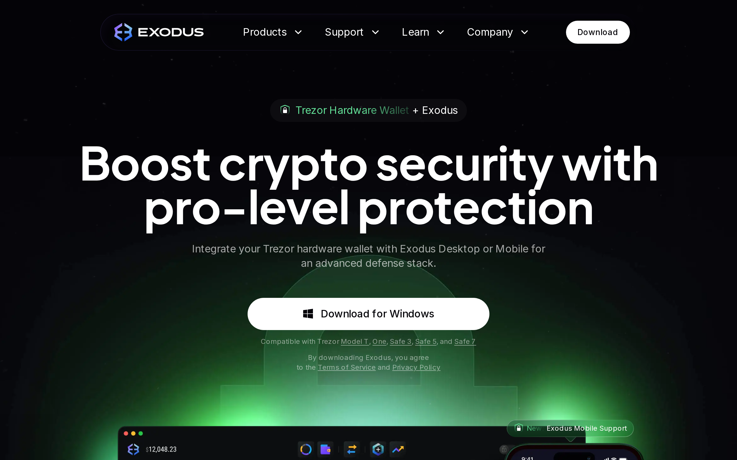 Exodus Trezor integration page headlined 'Boost crypto security with pro-level protection'