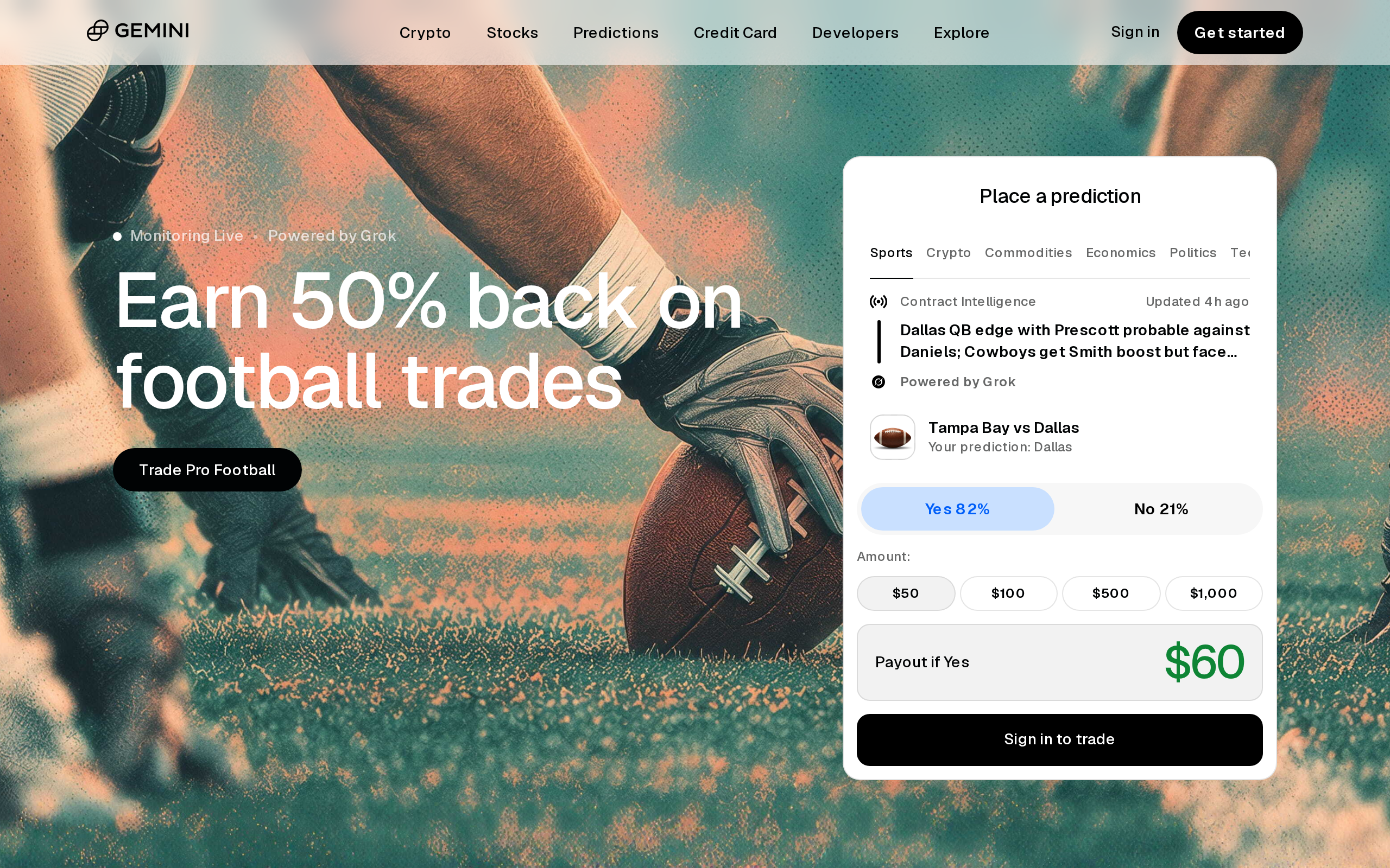 Gemini home page headline about trading crypto and predicting outcomes, with a football trade promotion