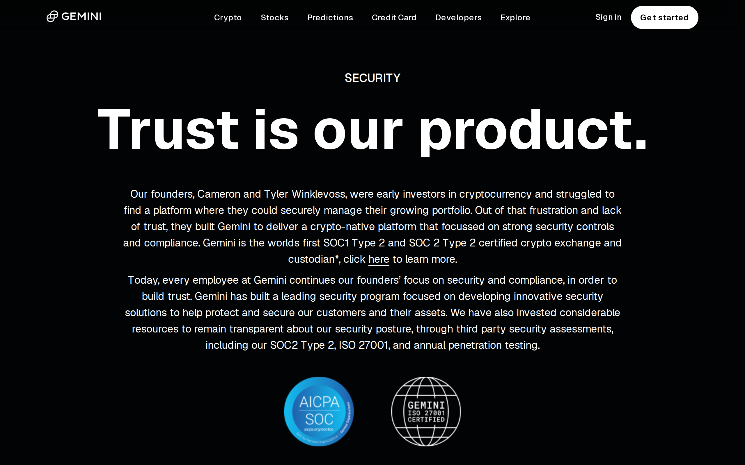 Gemini security page with the heading Trust is our product and a short history of the founders