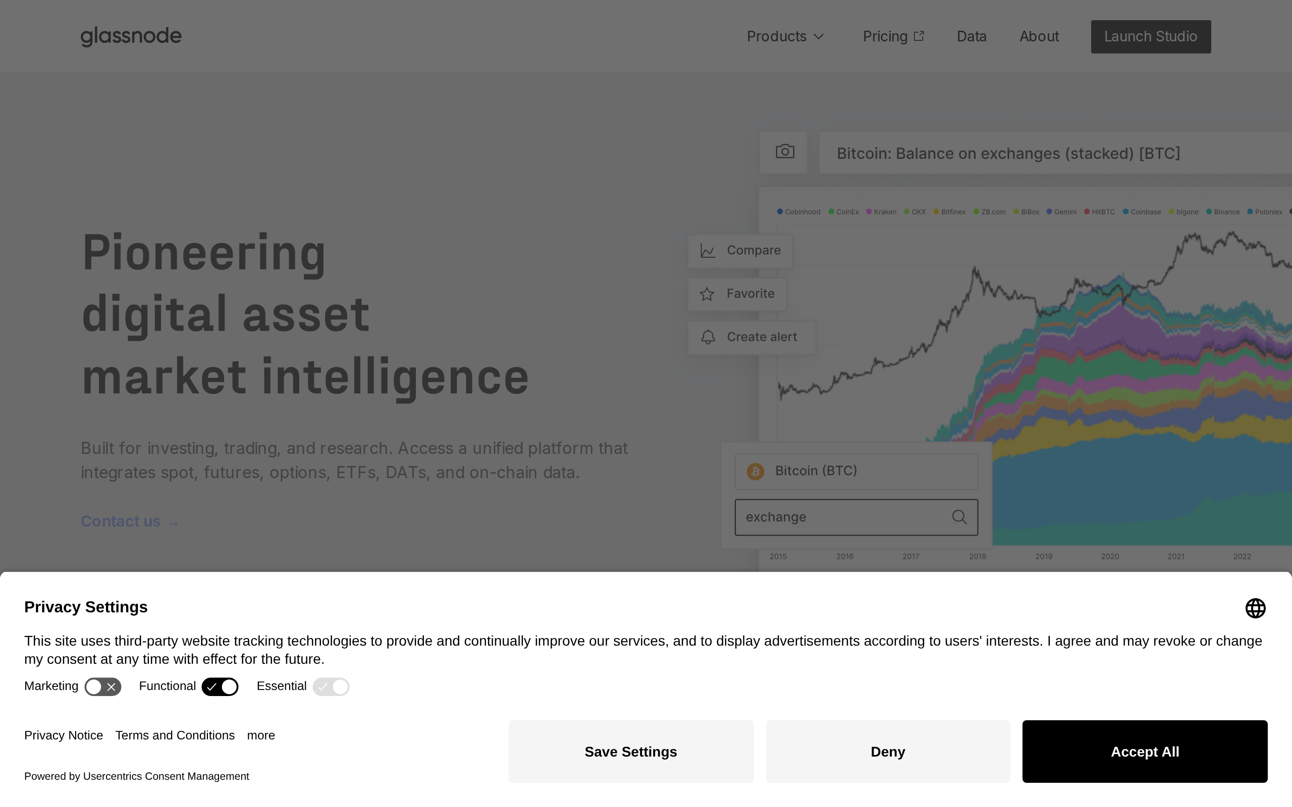 Glassnode homepage headline reading Pioneering digital asset market intelligence