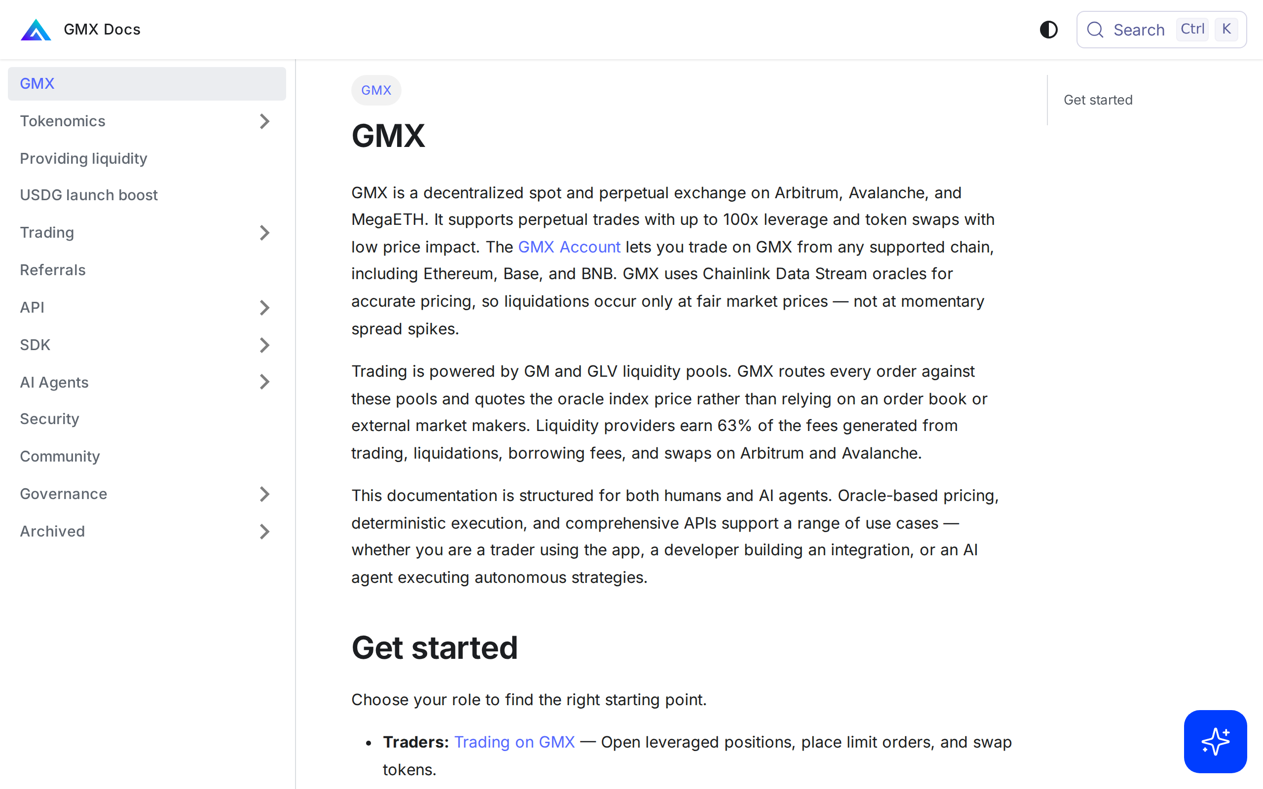 GMX documentation home page describing a decentralized spot and perpetual exchange on Arbitrum, Avalanche and MegaETH