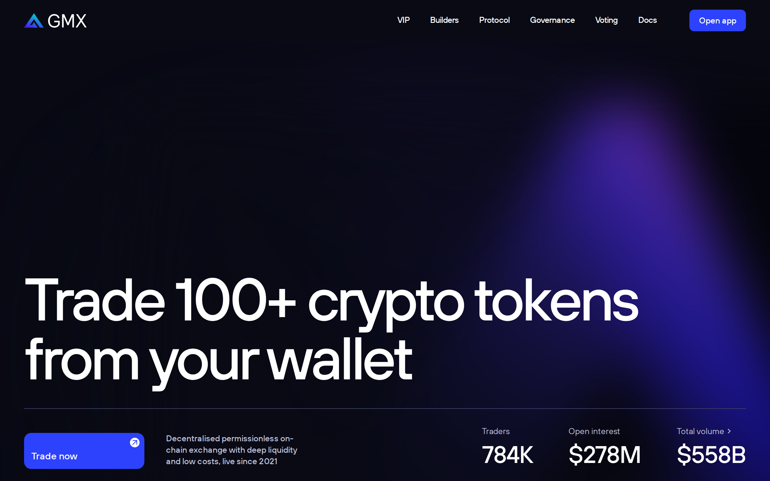 GMX homepage with the GMX logo and perpetual exchange artwork on a dark background