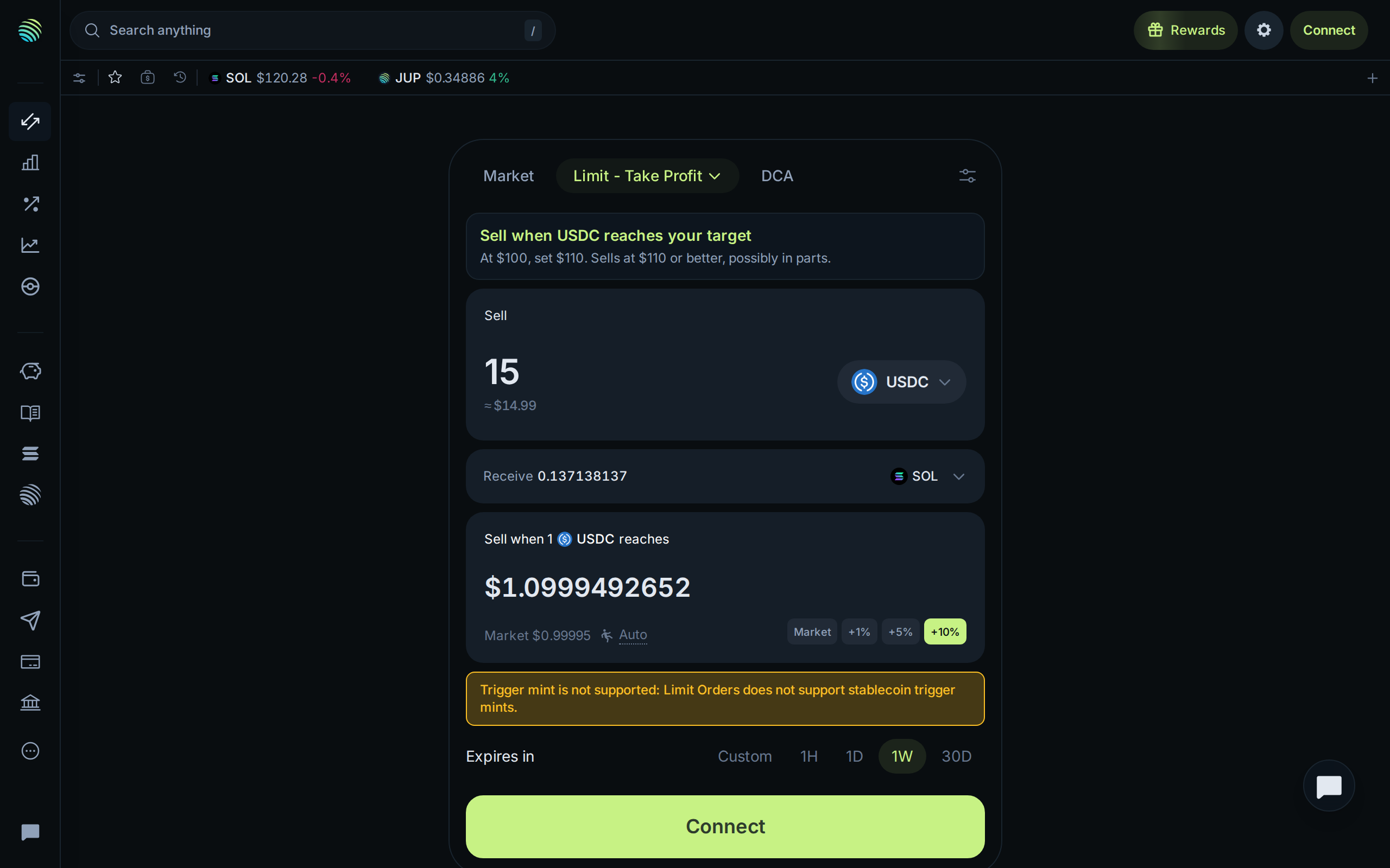 Jupiter limit order page with an example sell order at a target price