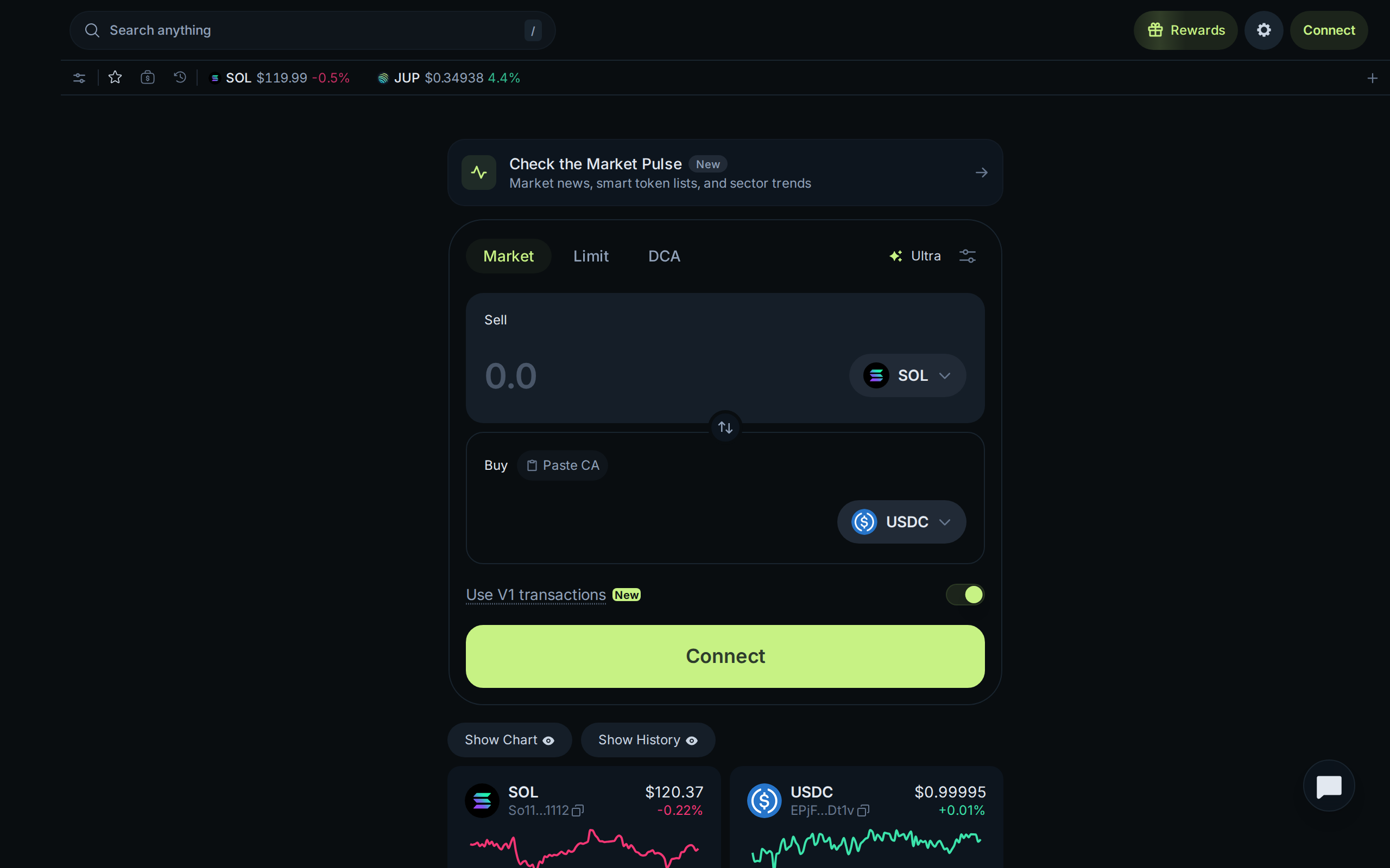 Jupiter swap page for SOL to USDC with live token prices
