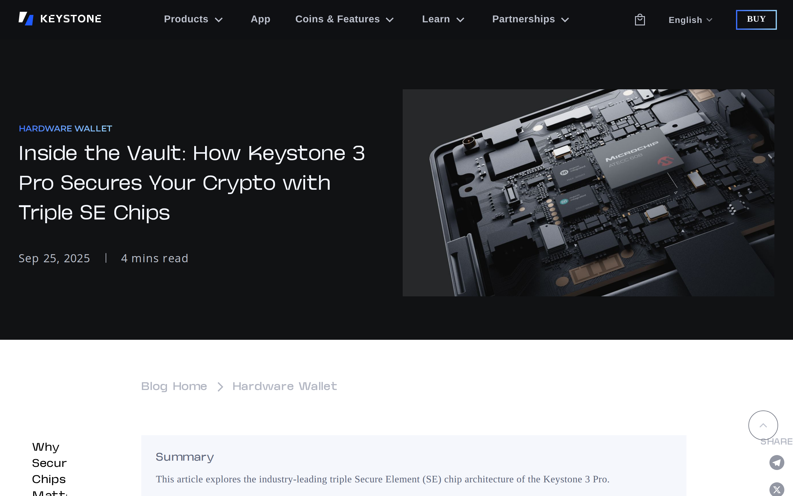 Keystone blog post titled Inside the Vault about the triple secure element chips