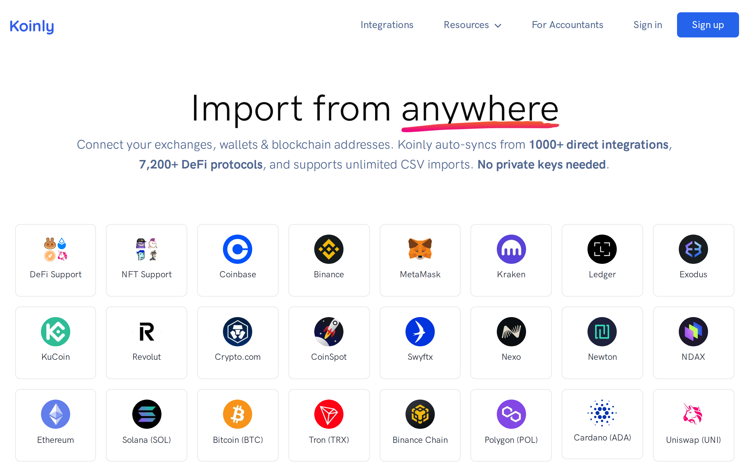 Koinly integrations page headed Import from anywhere, describing exchange, wallet and DeFi connections