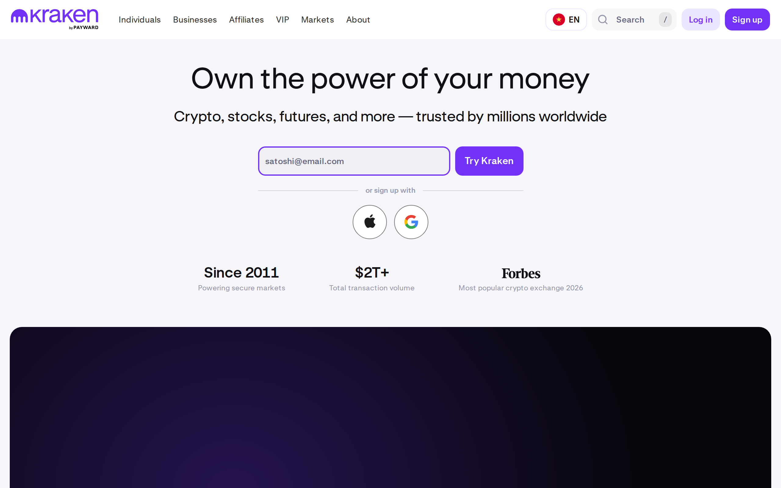Kraken home page with the heading Own the power of your money