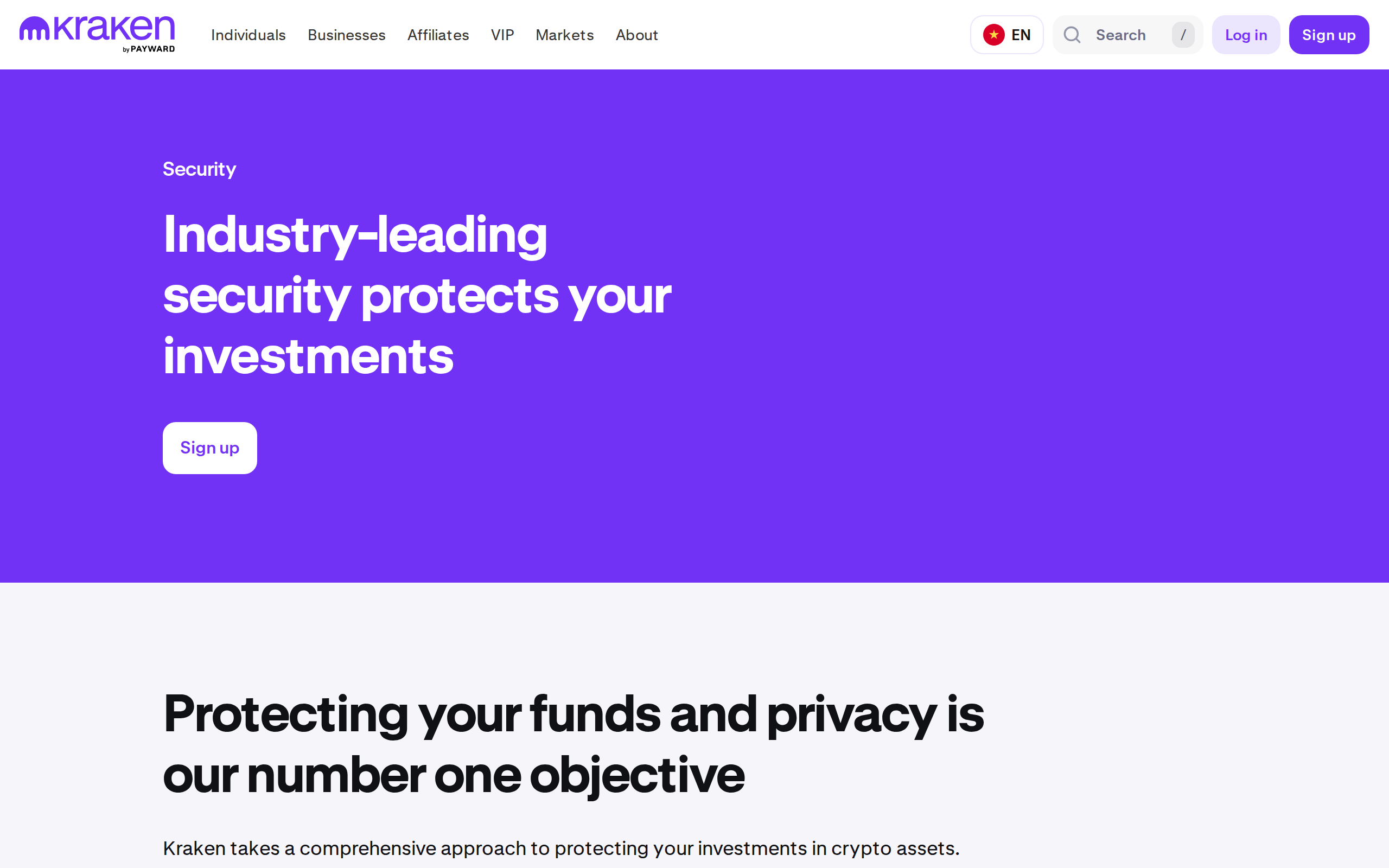 Kraken security page headed Industry-leading security protects your investments