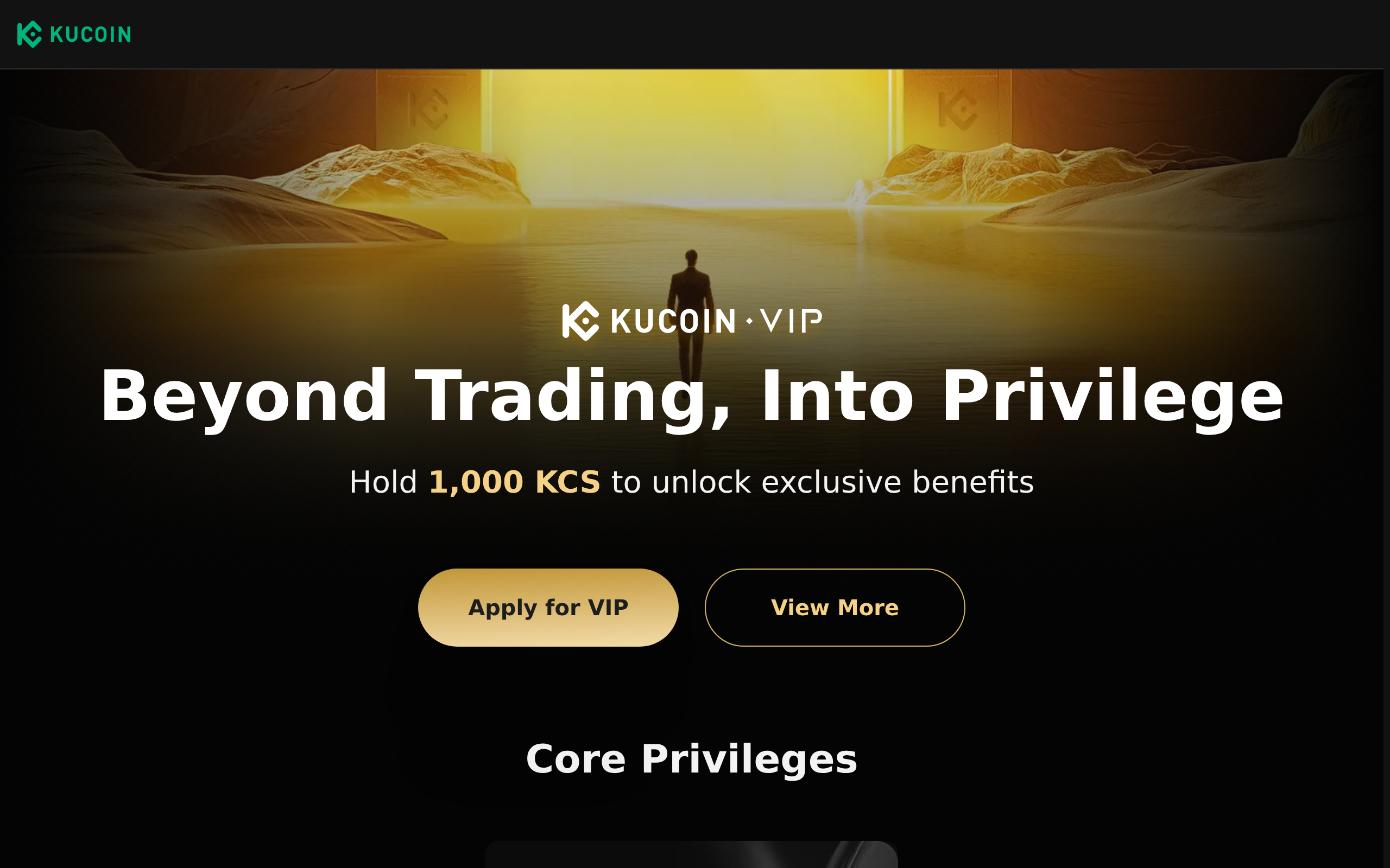 KuCoin VIP program page with the headline Beyond Trading, Into Privilege and a note to hold 1,000 KCS