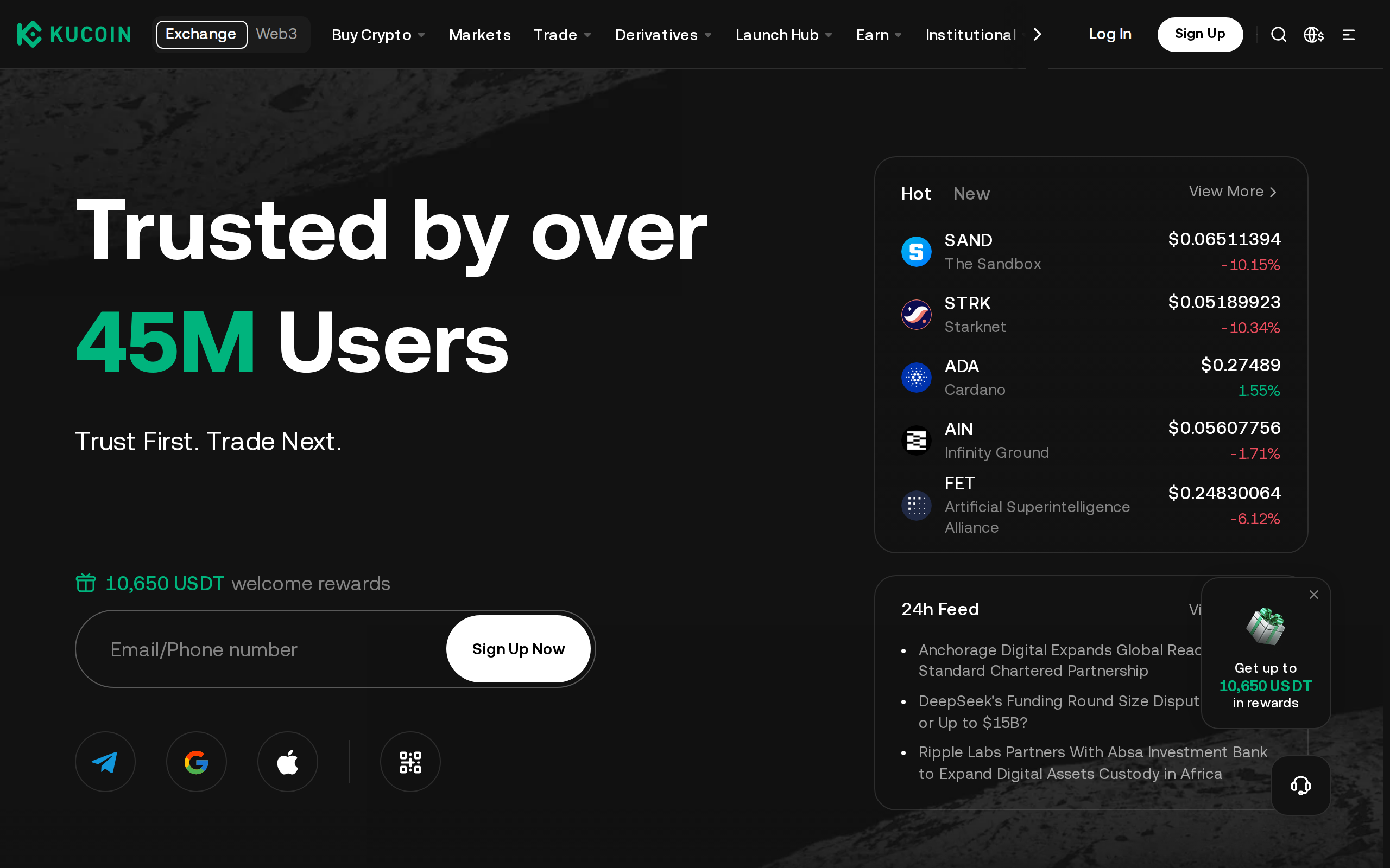 KuCoin home page headline claiming over 45 million users, with a 24-hour news feed and live coin prices